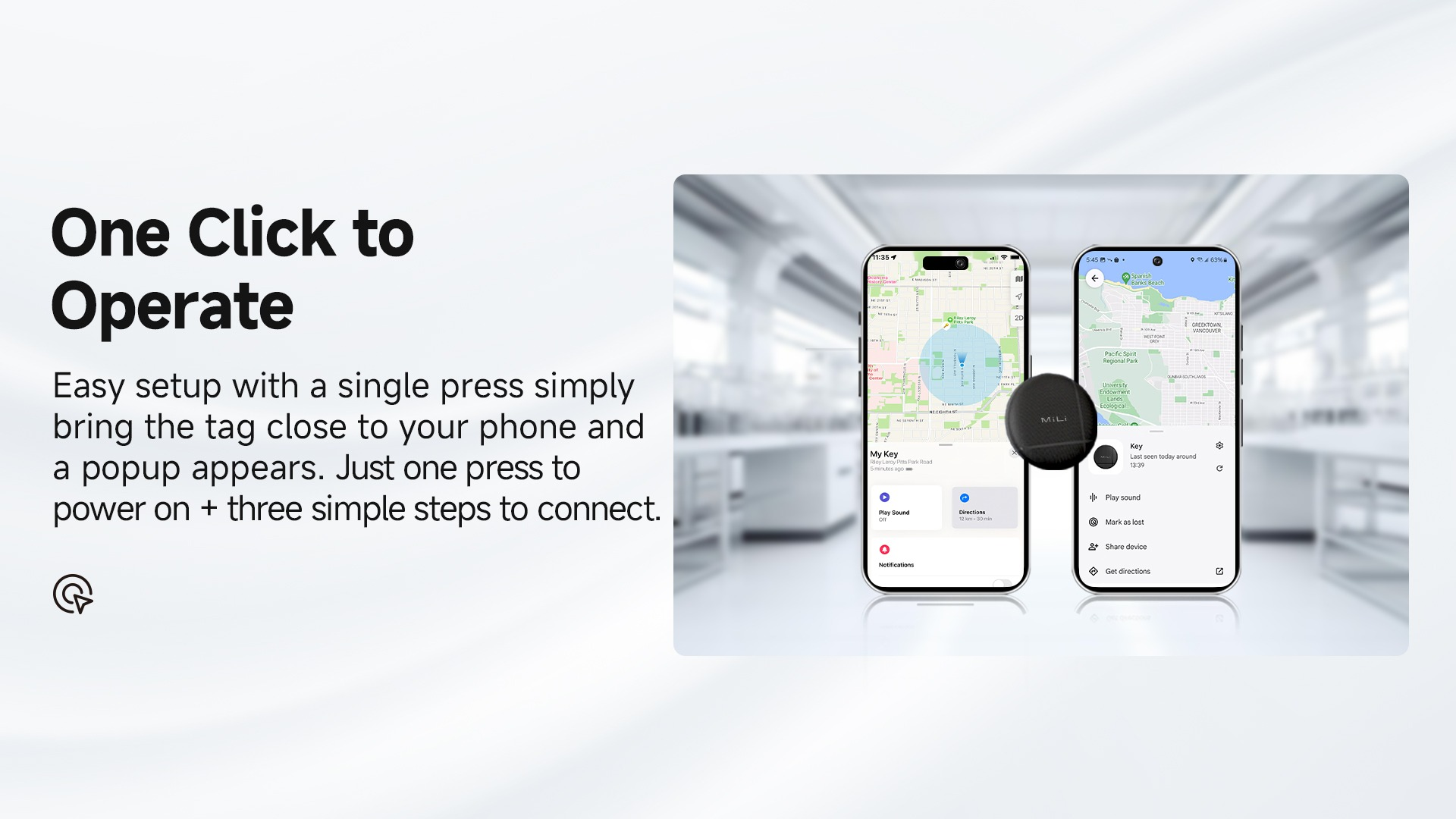Zwei Smartphones mit Karten-Apps, ein kleiner runder Tracker dazwischen und Text auf weißem Hintergrund.