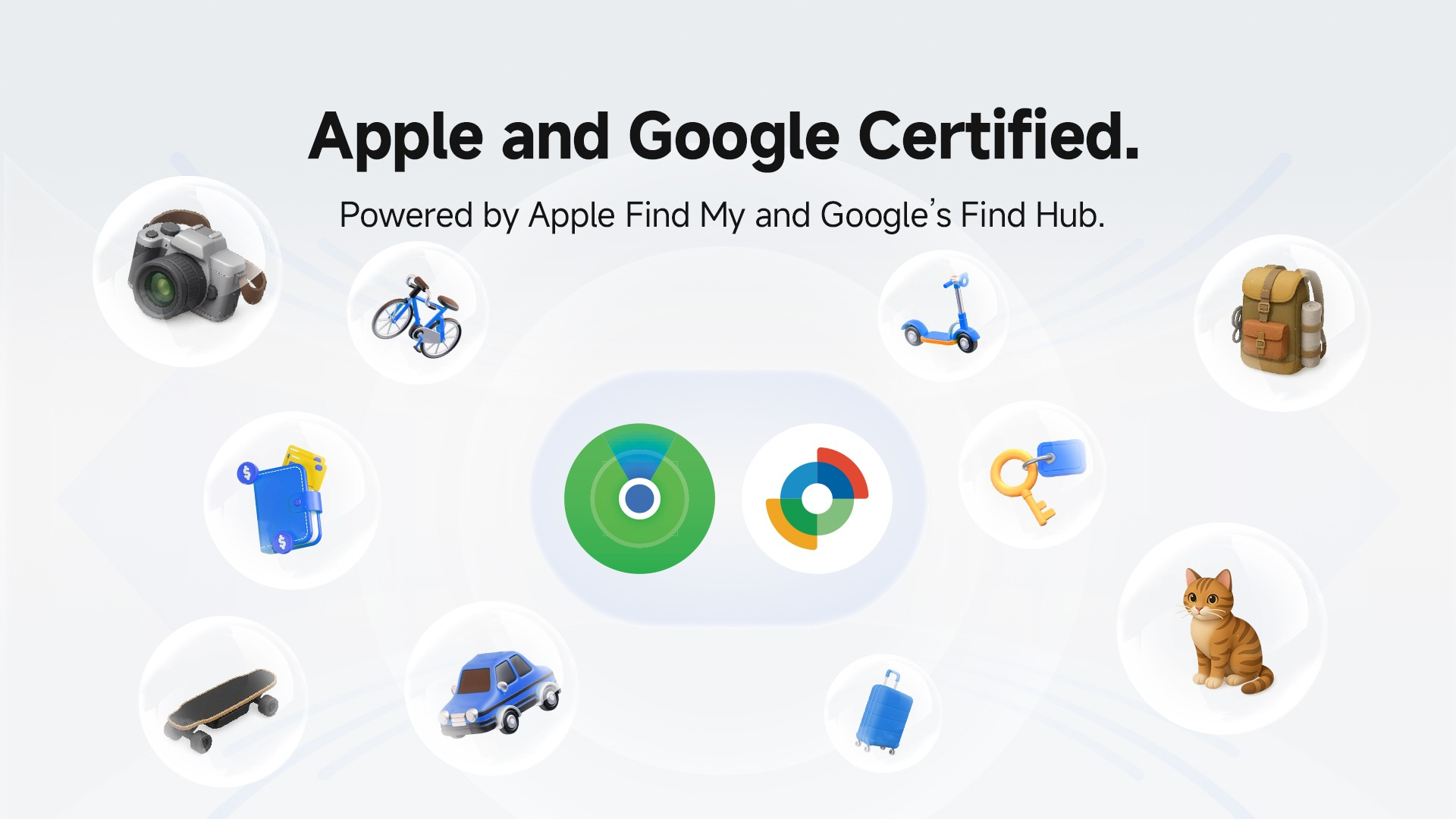 Apple- und Google-zertifiziertes Find-System mit Symbolen für verfolgbare Gegenstände in Blasen.