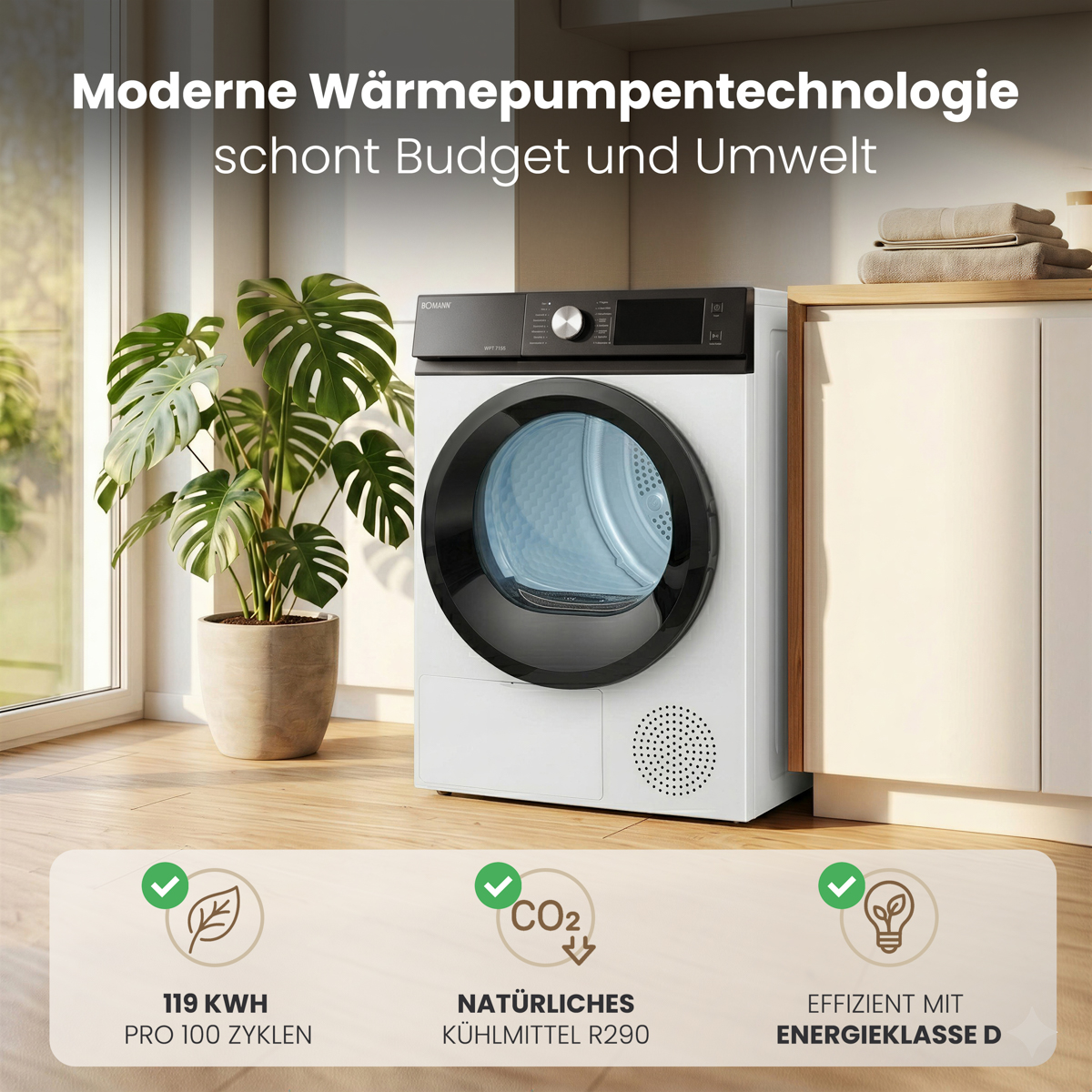 Moderner weißer Trockner in einer hellen Küche neben einer Grünpflanze und Holzmöbeln mit Texten und Symbolen.