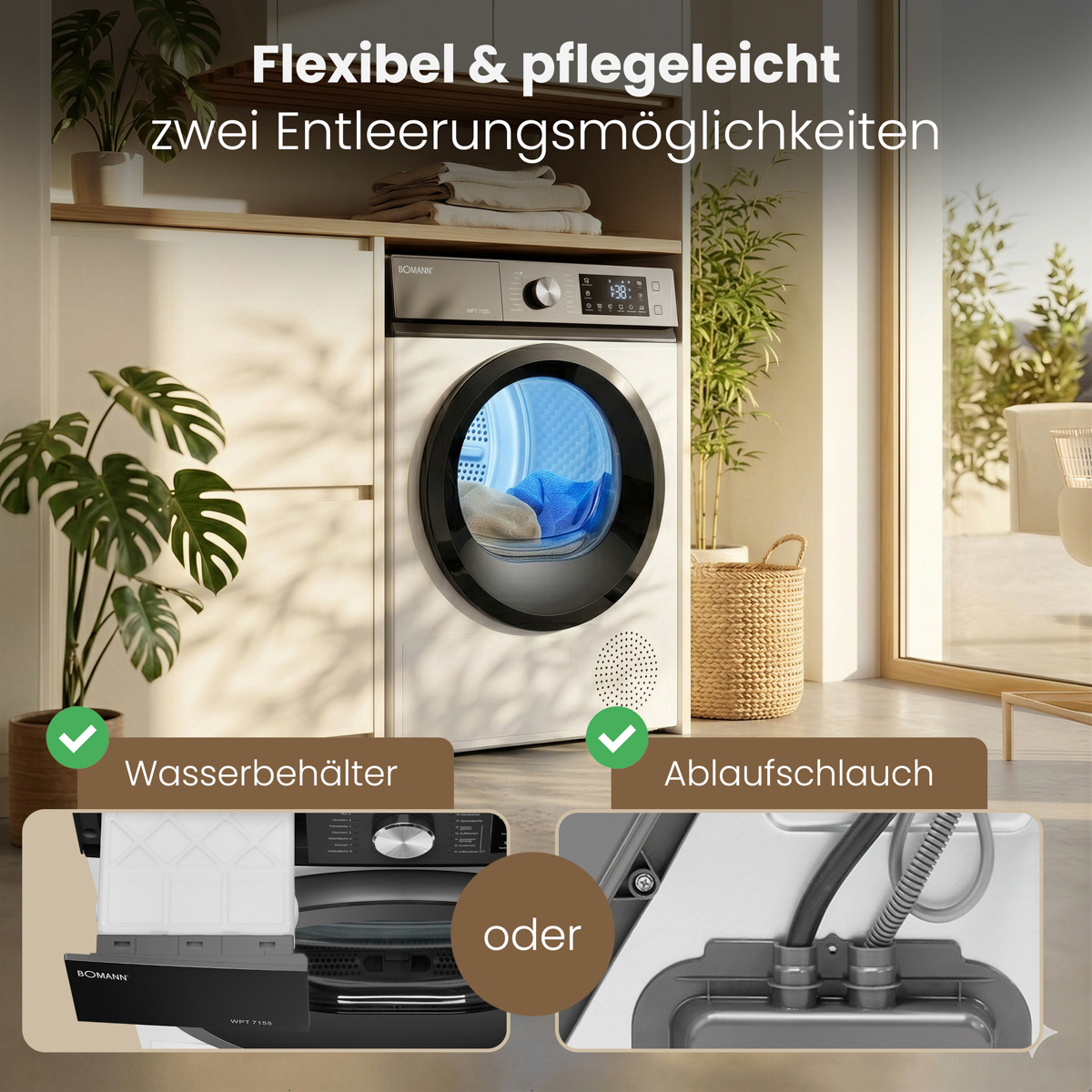Ein weißer Trockner in einer modernen Küche mit Wasserbehälter und Ablaufschlauch Optionen.