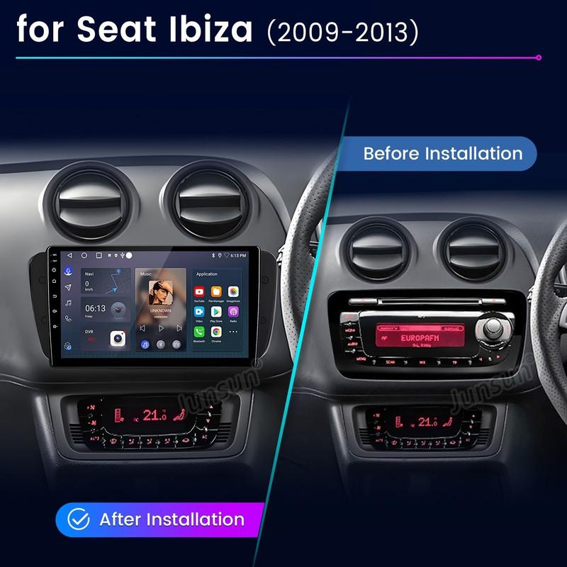 Vergleich der Seat Ibiza Mittelkonsole vor und nach der Installation eines neuen Touchscreen-Radios.