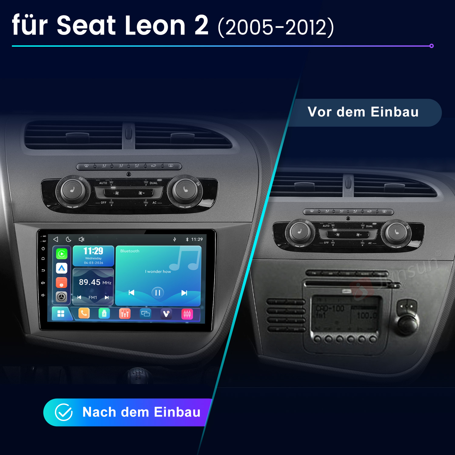 Vergleich des Seat Leon 2 Armaturenbretts vor und nach dem Einbau eines neuen Touchscreen-Multimediasystems.
