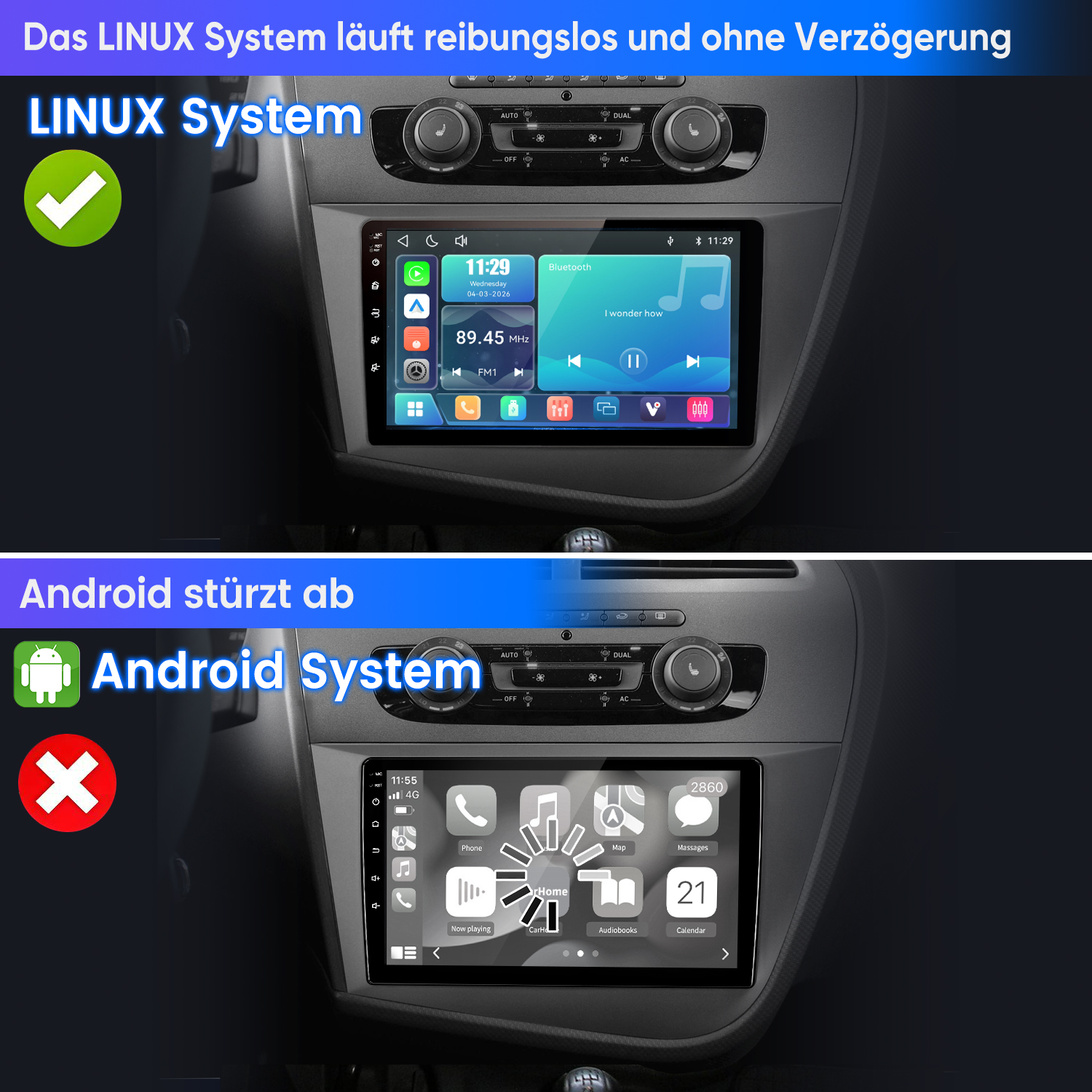Vergleich zwischen einem reibungslosen Linux-Autosystem und einem abstürzenden Android-System.