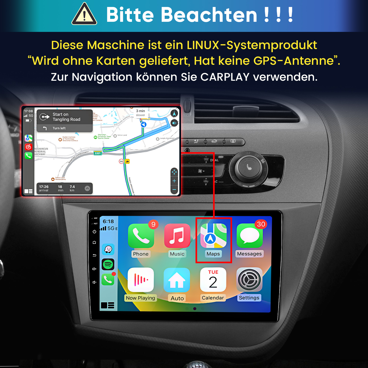 Linux-Autoradio mit CarPlay-Navigation und App-Icons auf dem Display.