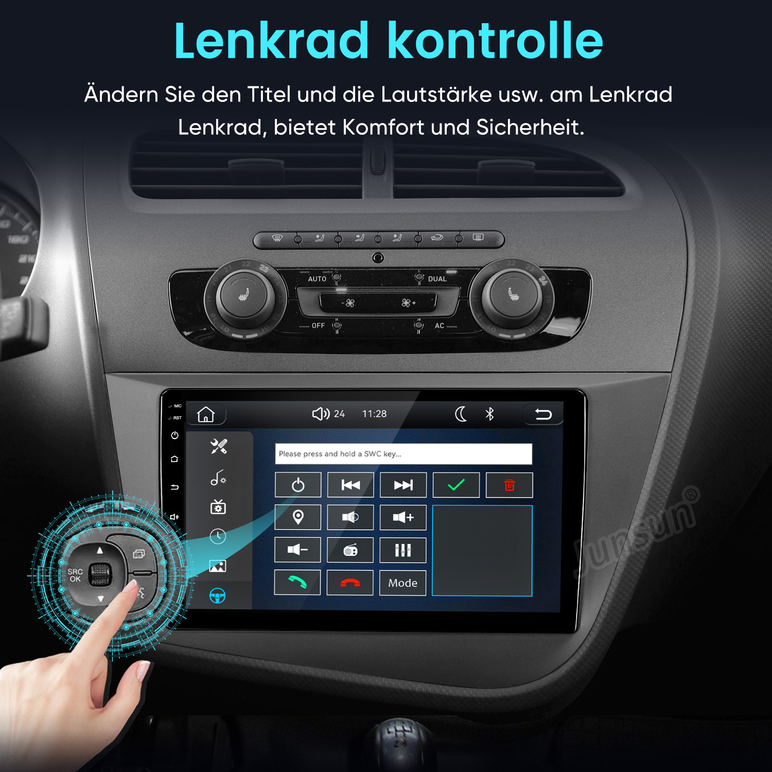 Das Armaturenbrett eines Autos zeigt einen Touchscreen mit Lenkradsteuerungseinstellungen.