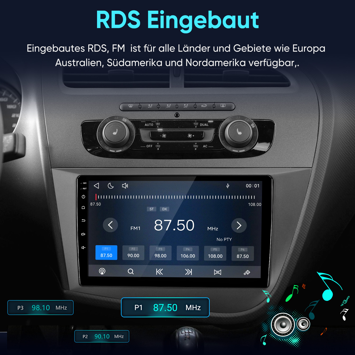 Autoradio mit RDS-Anzeige in einem Fahrzeug-Armaturenbrett installiert.