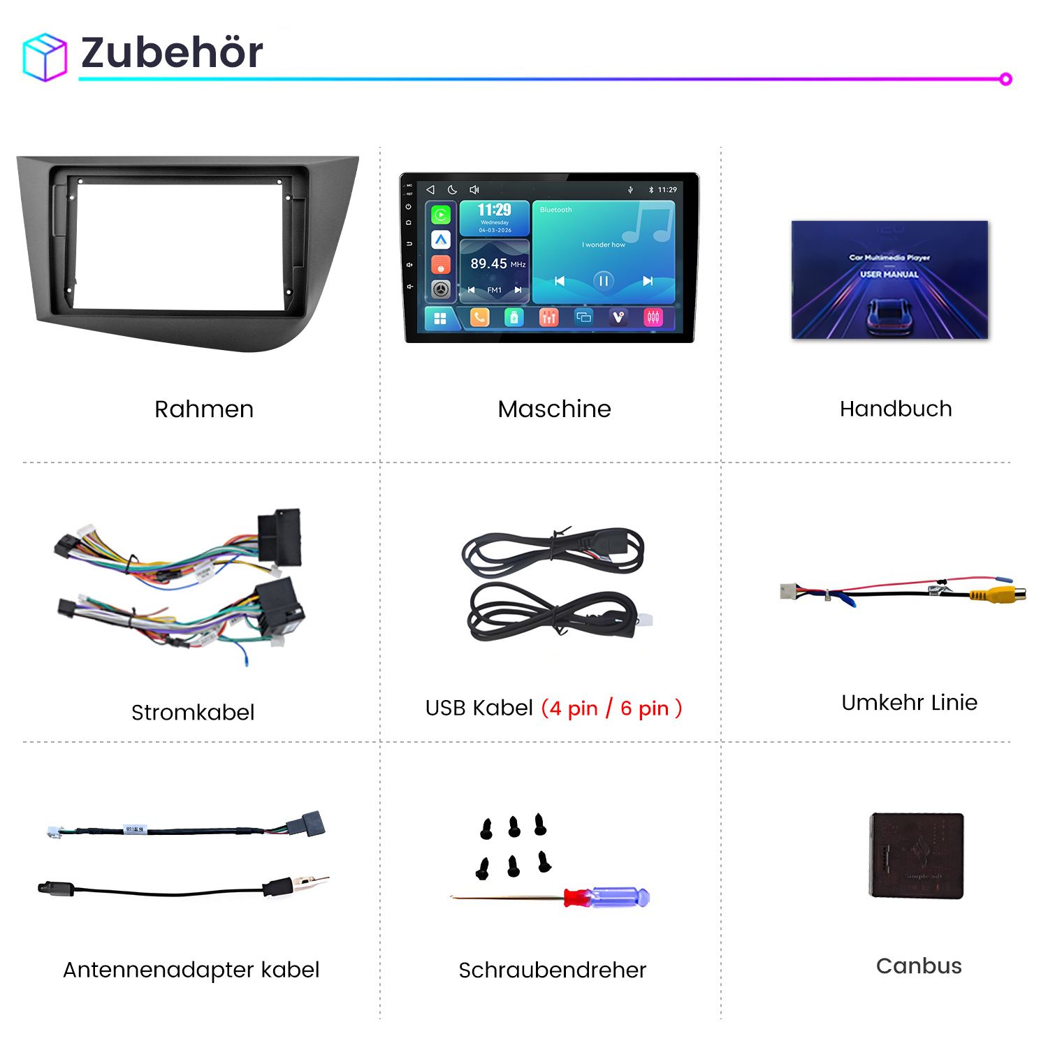 Übersicht von Auto-Multimedia-Zubehörteilen inklusive Rahmen, Display, Handbuch und Kabeln.