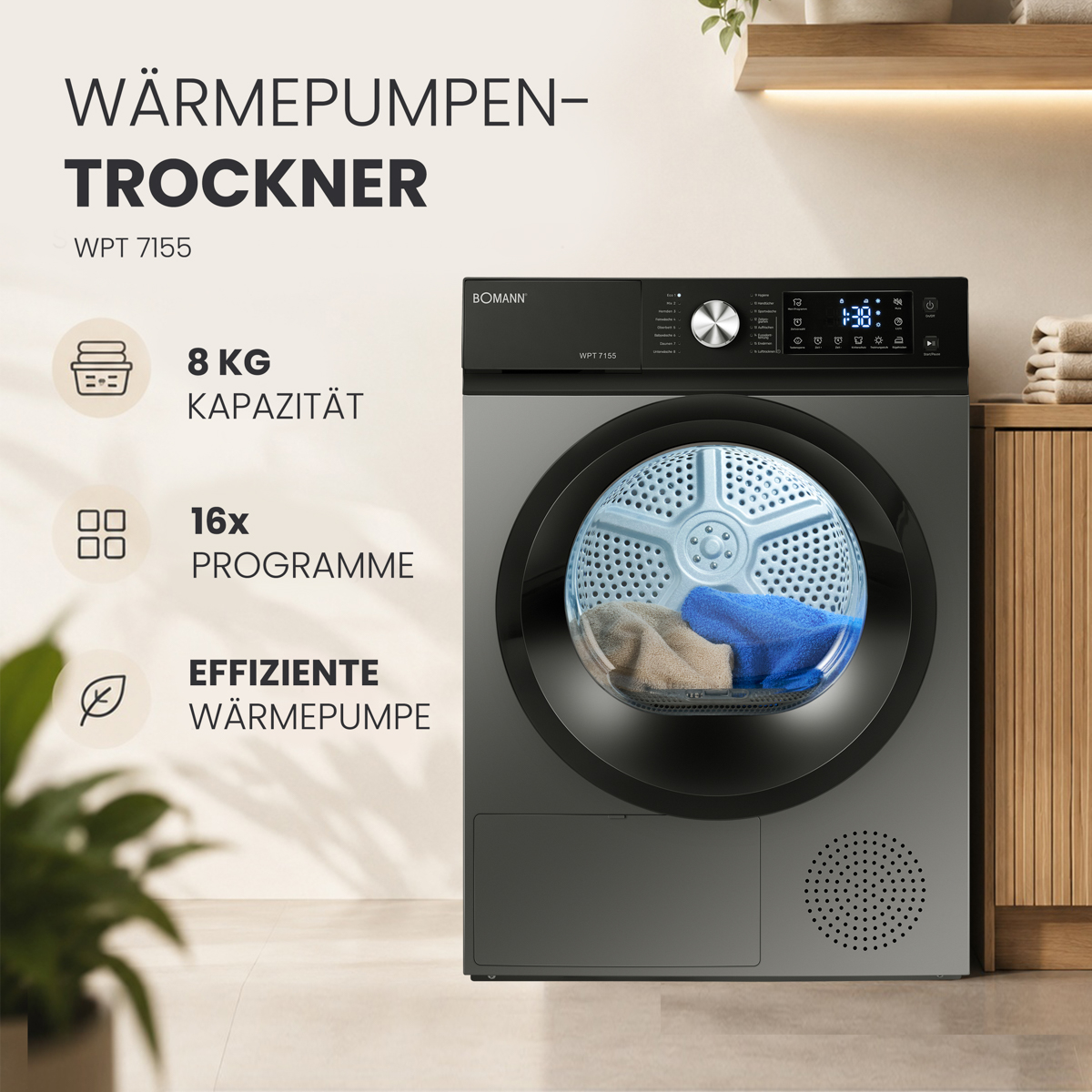 Bomann Wärmepumpentrockner mit 8 kg Kapazität und 16 Programmen in einer modernen Küche.