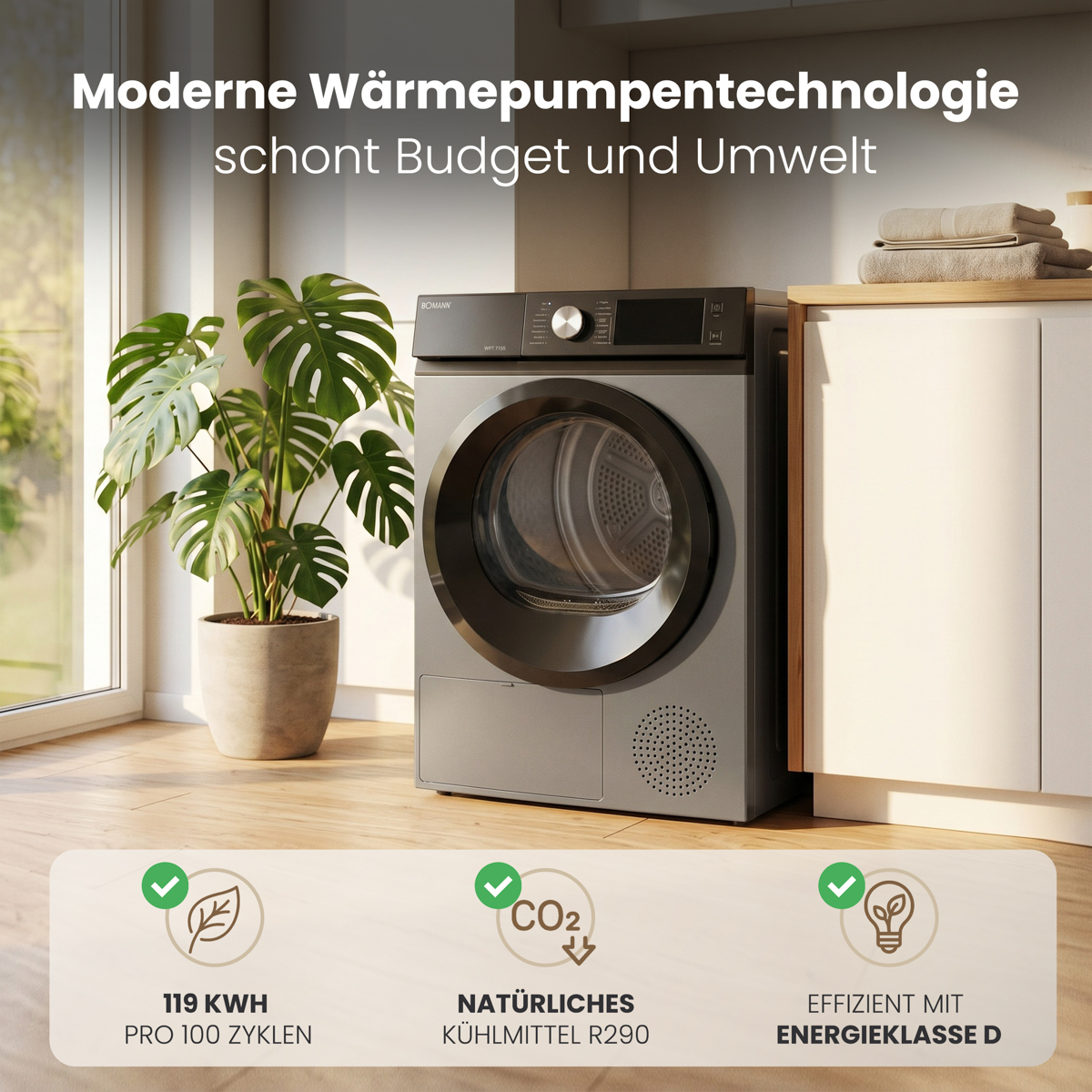 Moderne graue Wärmepumpen-Trockner in einer hellen Küche mit Pflanze und Holzboden.