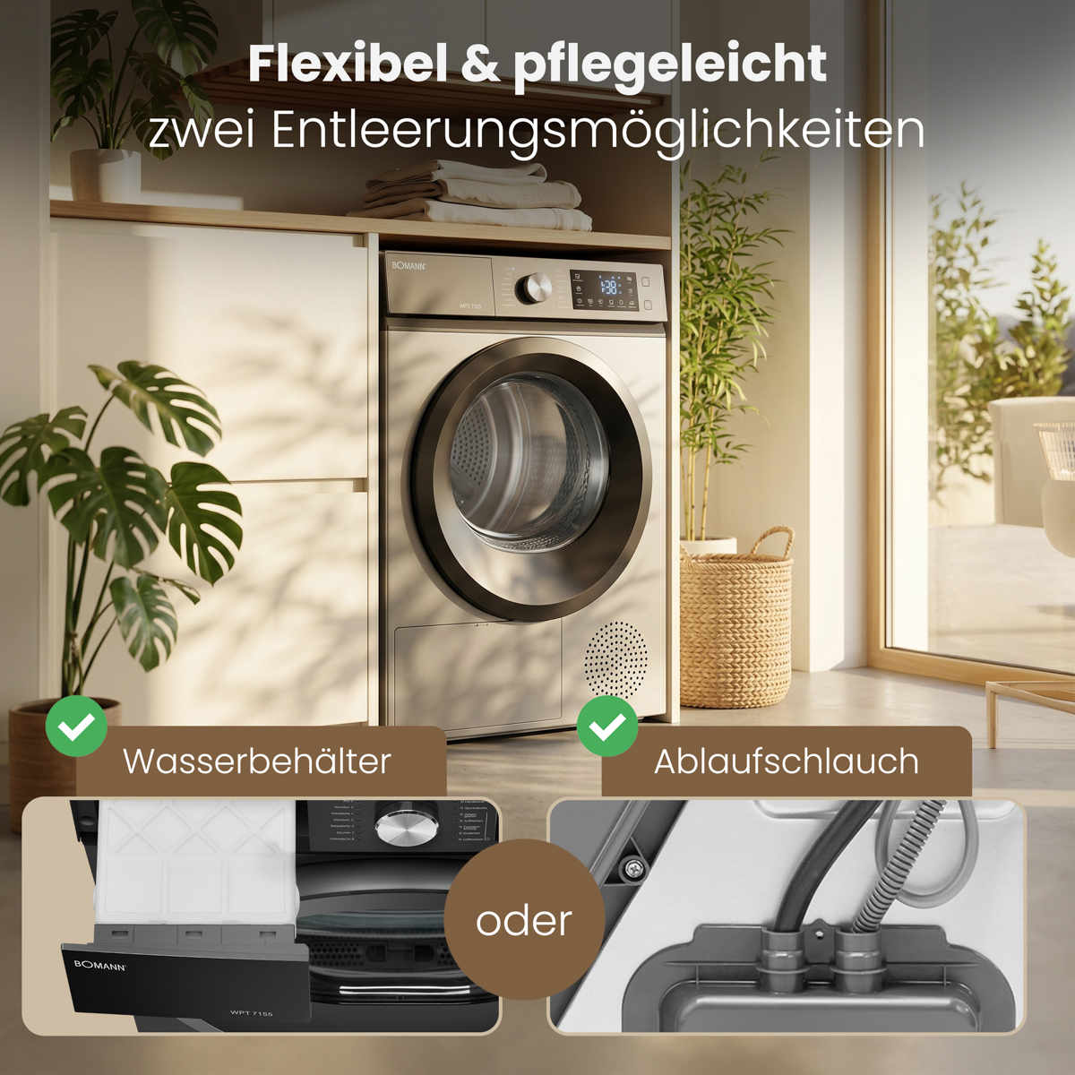 Moderne graue Bomann Trockner in heller Umgebung mit Wasserbehälter und Ablaufschlauch Optionen.