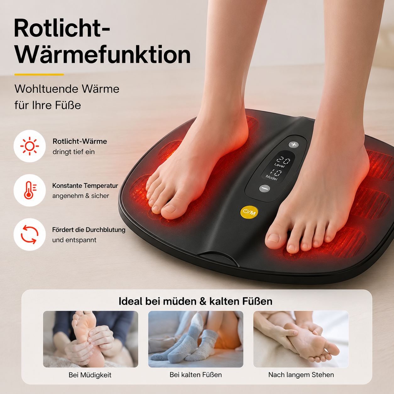 Füße stehen auf einem schwarzen Infrarot-Wärmegerät mit roten Leuchtelementen und digitalem Display.