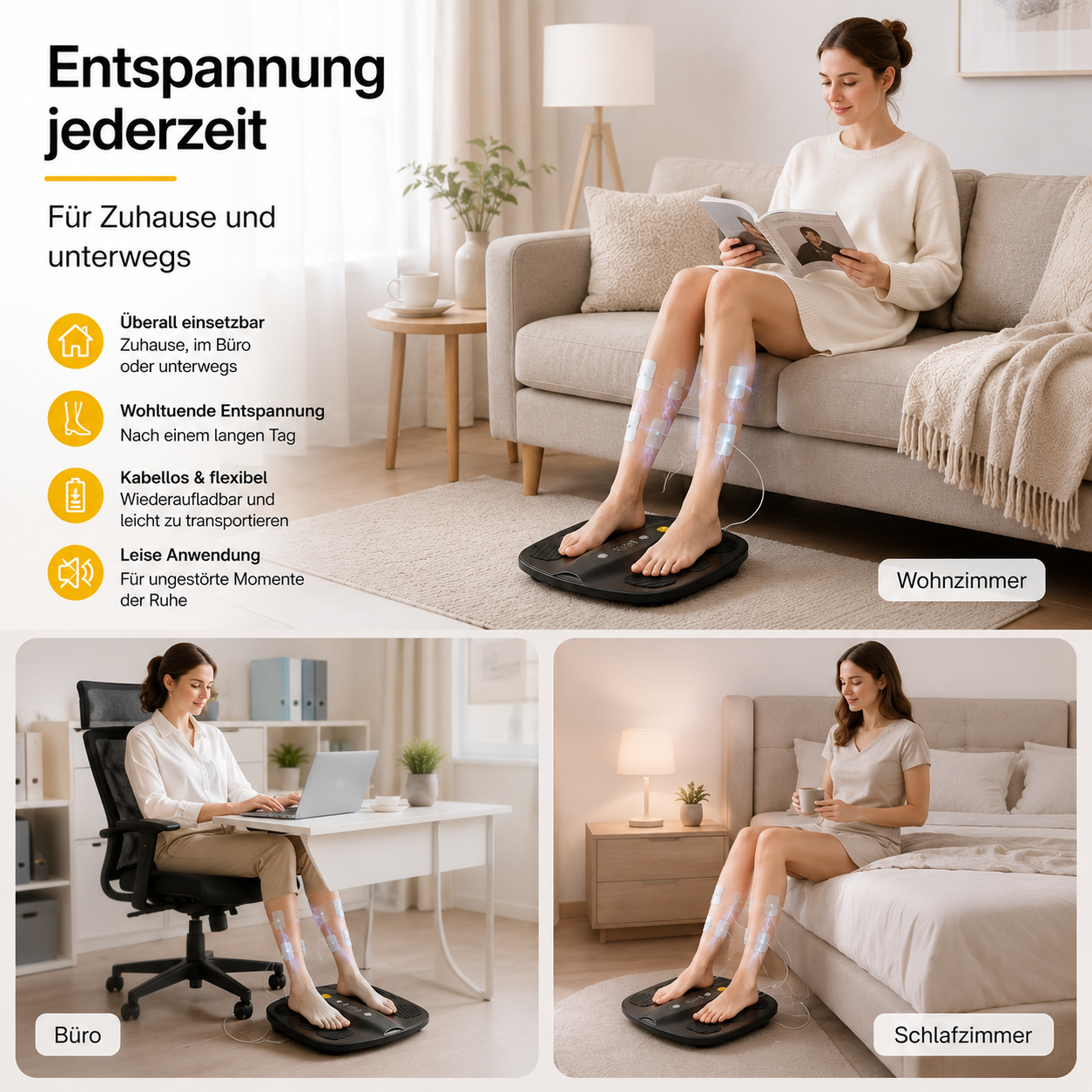 Frau nutzt EMS-Beinstimulator zu Hause, im Büro und im Schlafzimmer.