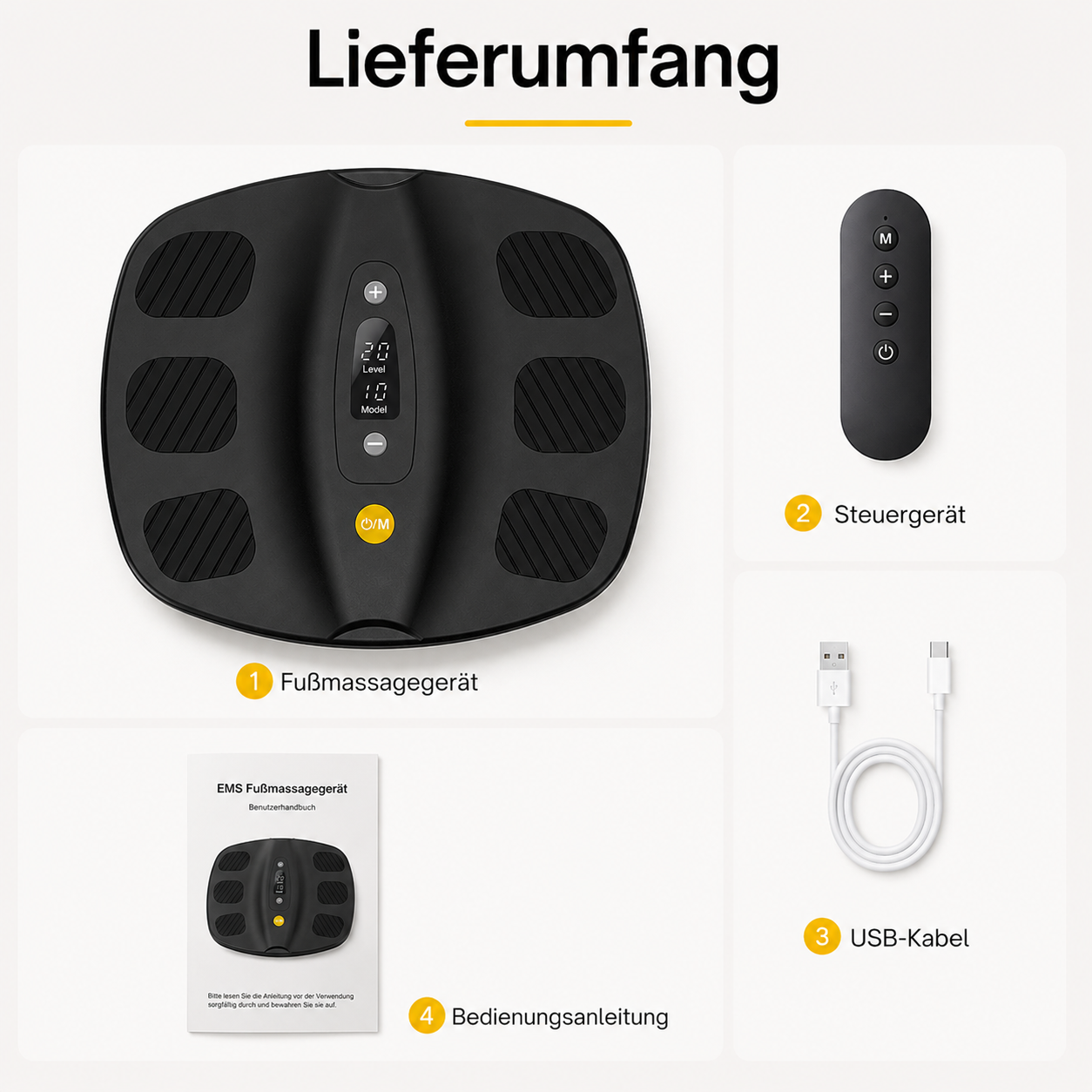 Fußmassagegerät-Set mit Matte, Fernbedienung, USB-Kabel und Anleitung.