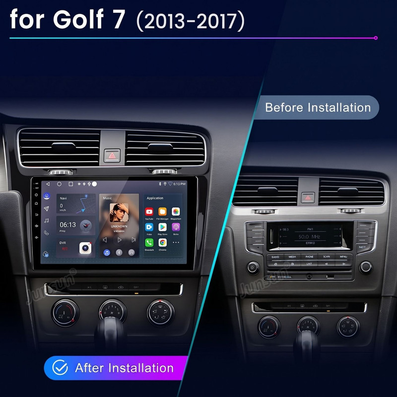 Vergleich der Golf 7 Mittelkonsole vor und nach der Installation eines großen Touchscreen-Autoradios.