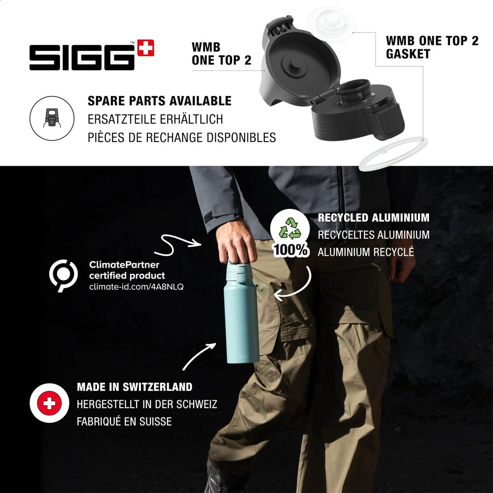 SIGG-Werbebild zeigt eine hellblaue Aluminiumflasche und Verschlussdetails mit Texten wie Hergestellt in der Schweiz.