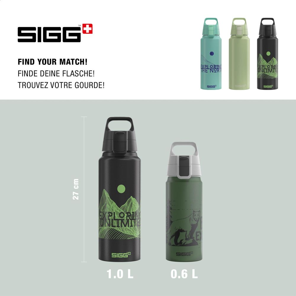 SIGG Trinkflaschen in 1,0L und 0,6L mit Berggrafik und Text Finde deine Flasche.