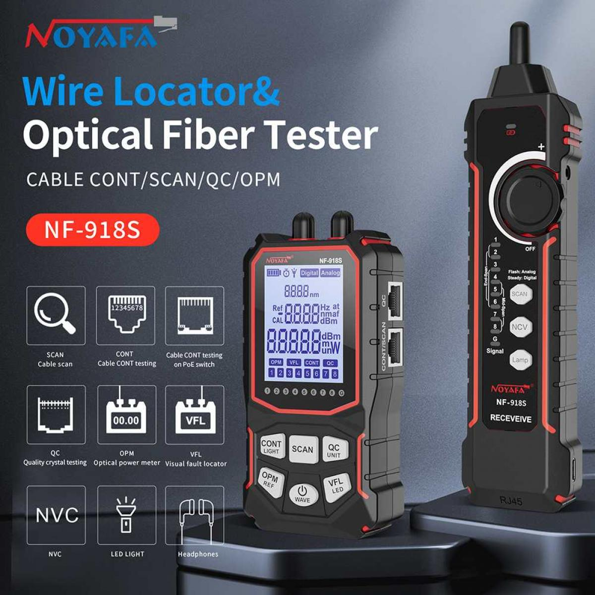 Noyafa NF-918S Drahtlokalisierer und Glasfasertester mit verschiedenen Symbolen und Funktionen.