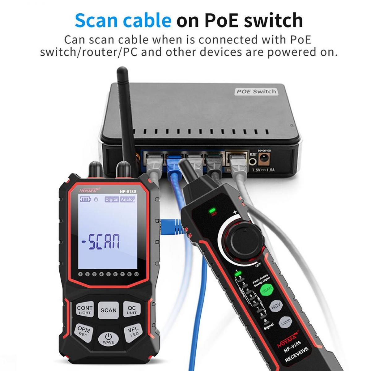 Netzwerktester scannt Kabel an einem PoE-Switch, mit beleuchtetem Display und Empfänger.