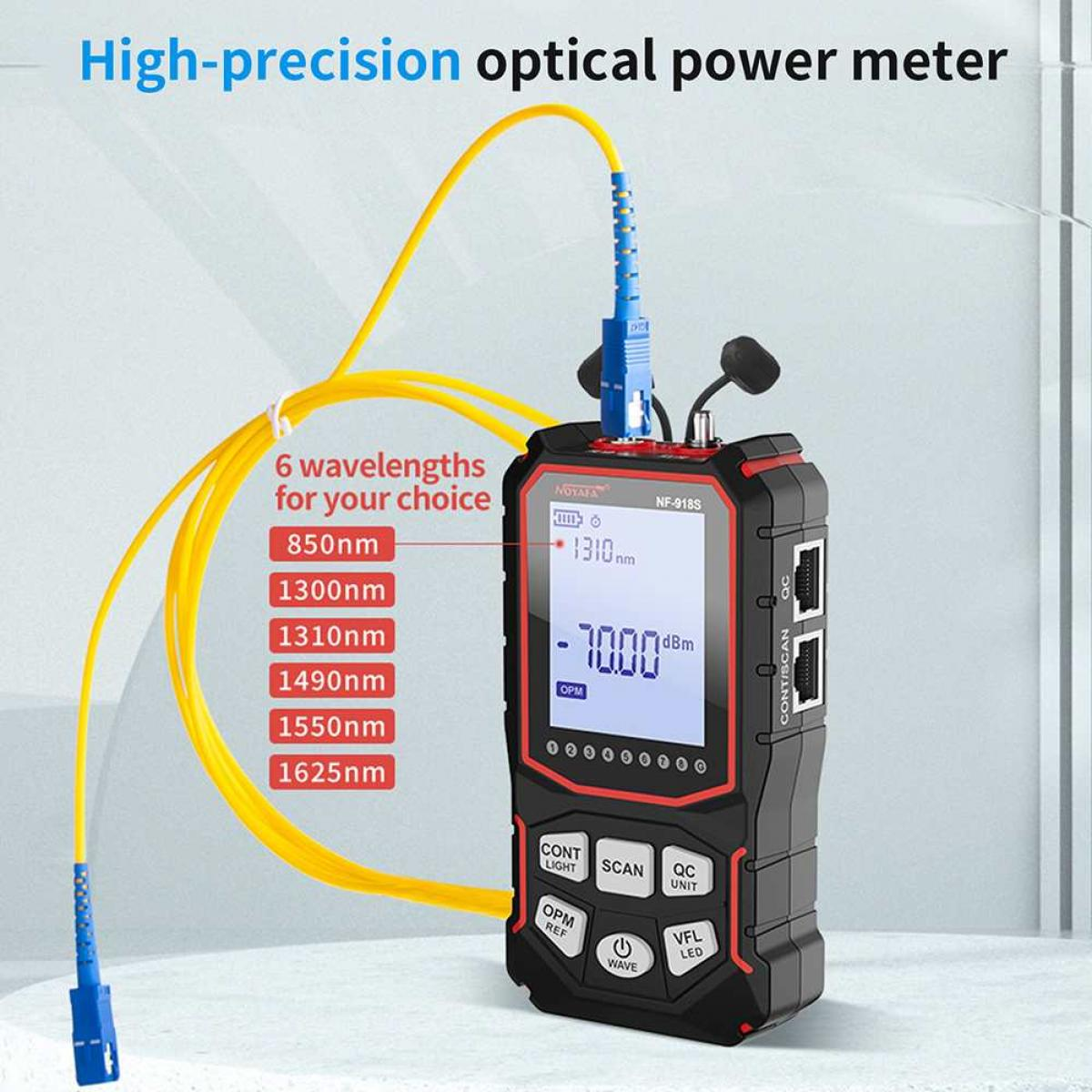 Ein hochpräziser optischer Leistungsmesser mit gelben Glasfaserkabeln und digitalem Display.