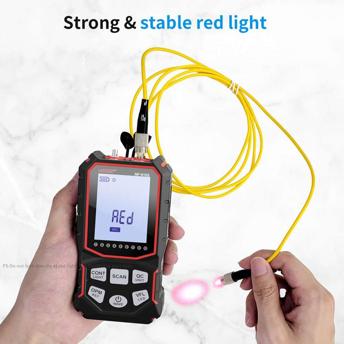 Ein Handtester mit rotem Licht und gelbem Kabel.