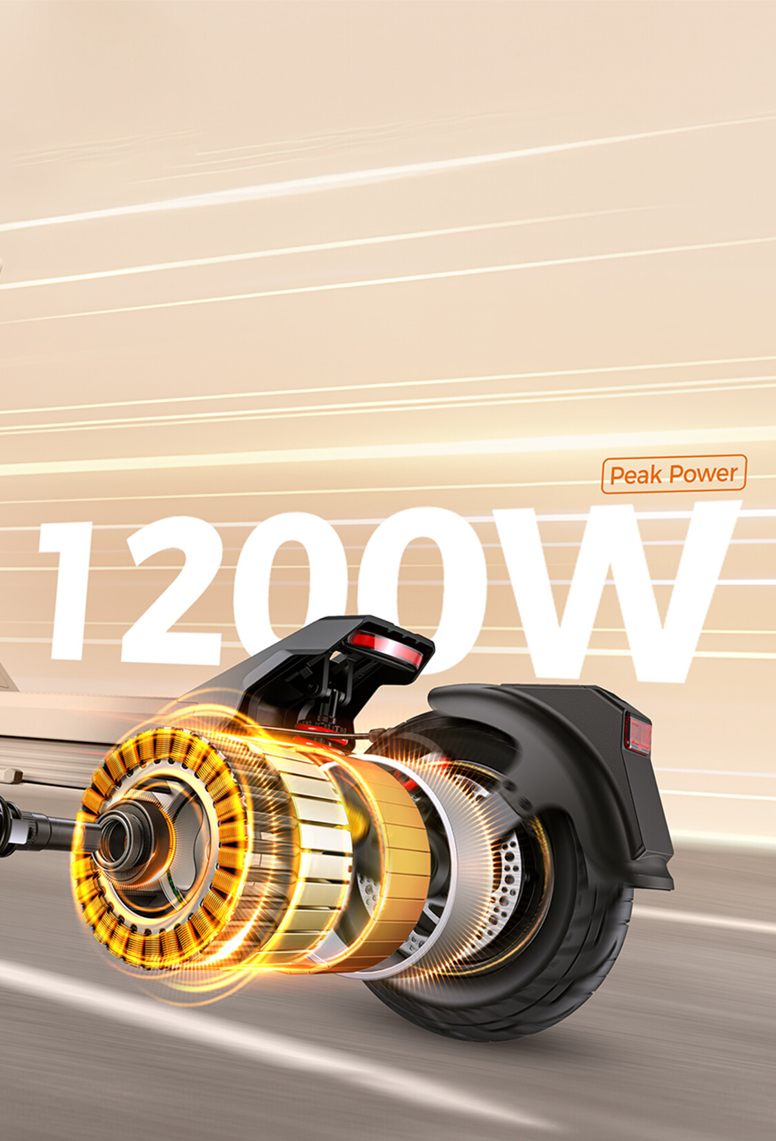 Ein 1200W E-Scooter-Motor in Schnittansicht zeigt leuchtende Innenteile und das Hinterrad.