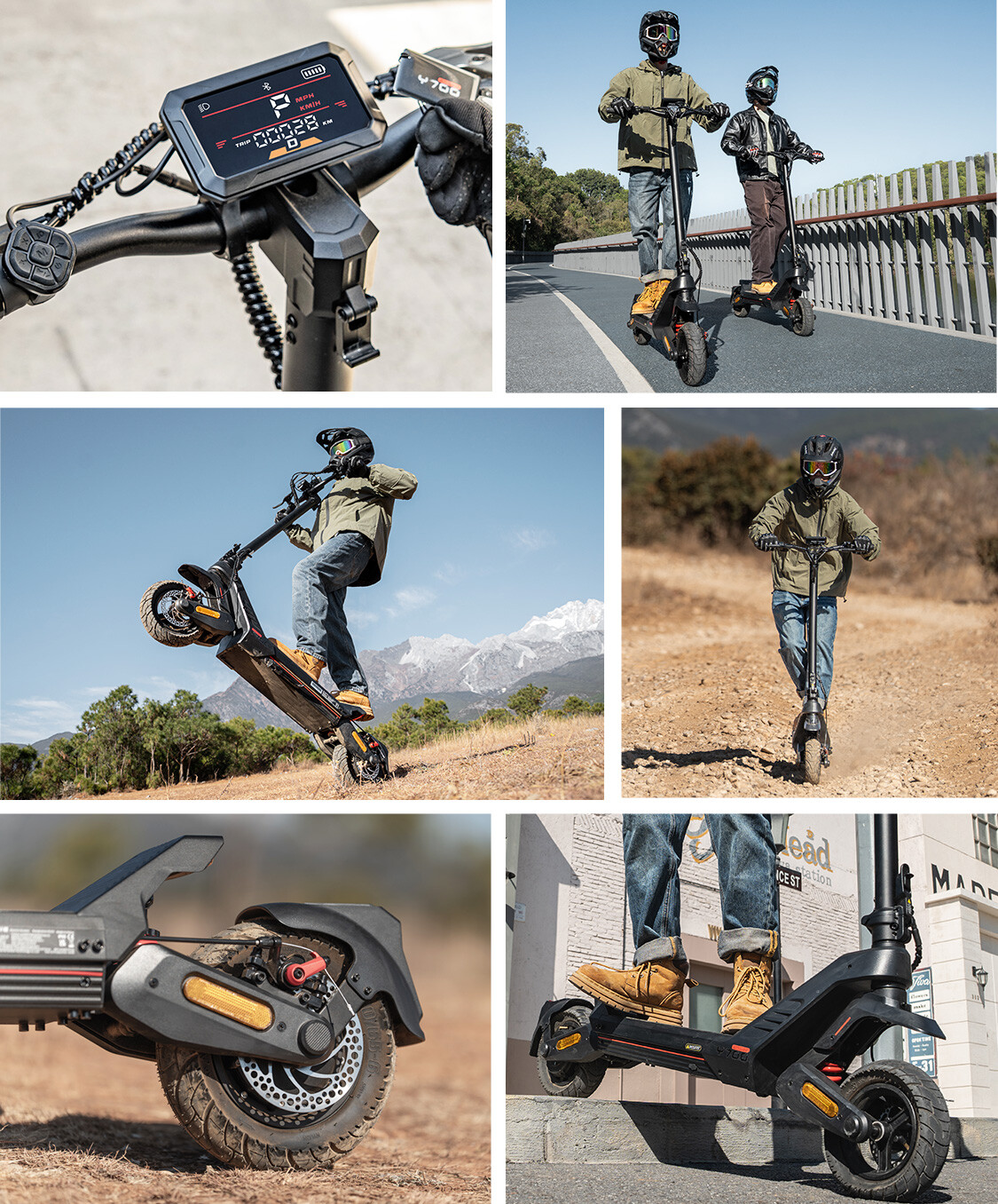 Verschiedene Ansichten eines Elektroscooters, inklusive Display, Detailaufnahmen und Fahrern im Freien.