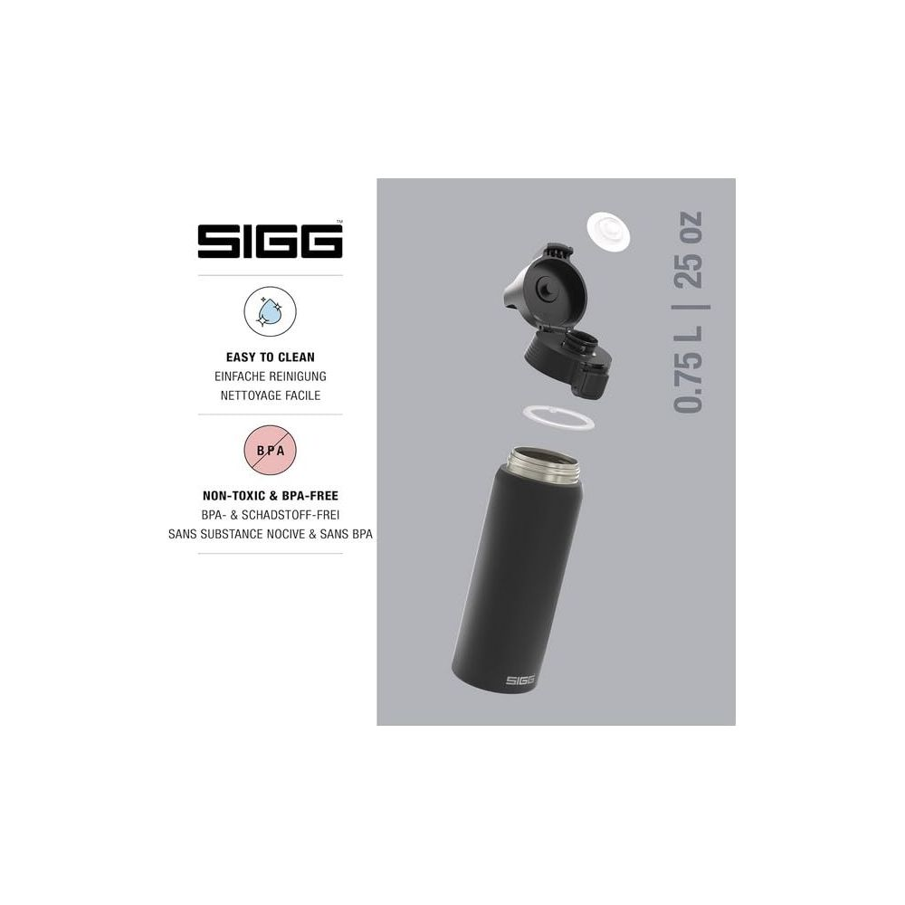 Schwarze SIGG-Trinkflasche mit abnehmbarem Deckel und Dichtung, beschriftet mit Eigenschaften.