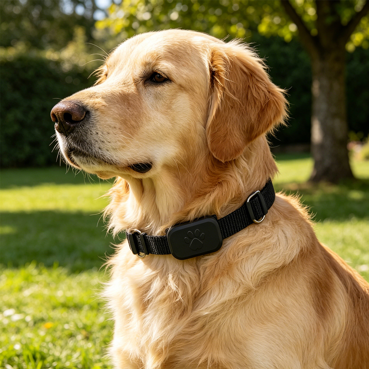Golden Retriever trägt ein schwarzes Halsband mit Pfotenabdruck-Anhänger im grünen Gras.