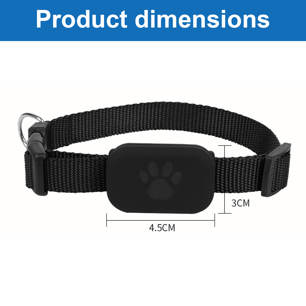 Schwarzes Haustierhalsband mit einem quadratischen Anhänger, der eine Pfote zeigt, Maße 4.5cm mal 3cm.