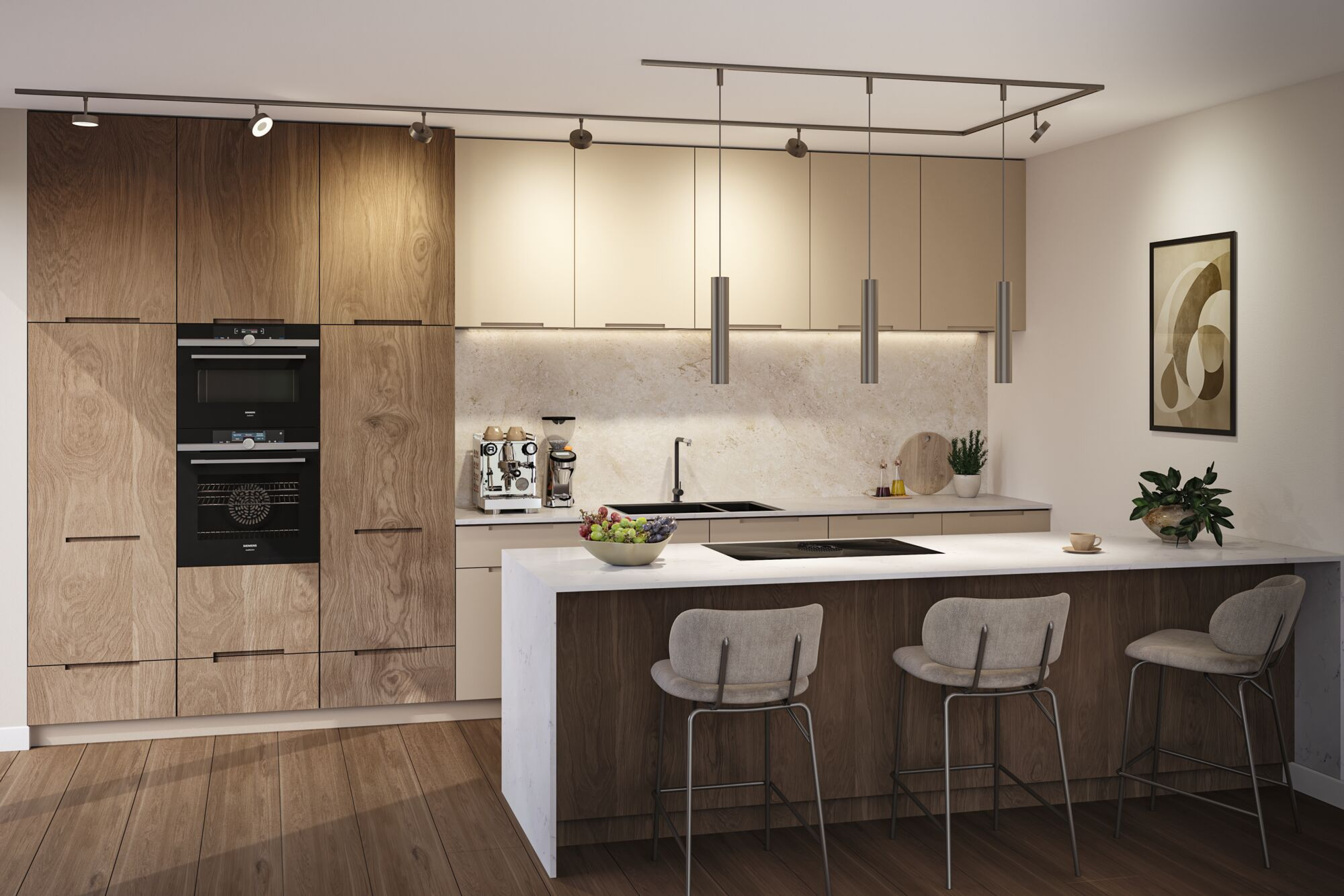 Moderne Küche mit Holzwänden, hellen Schränken, Marmorarbeitsplatte, Insel und drei modernen Barhockern.