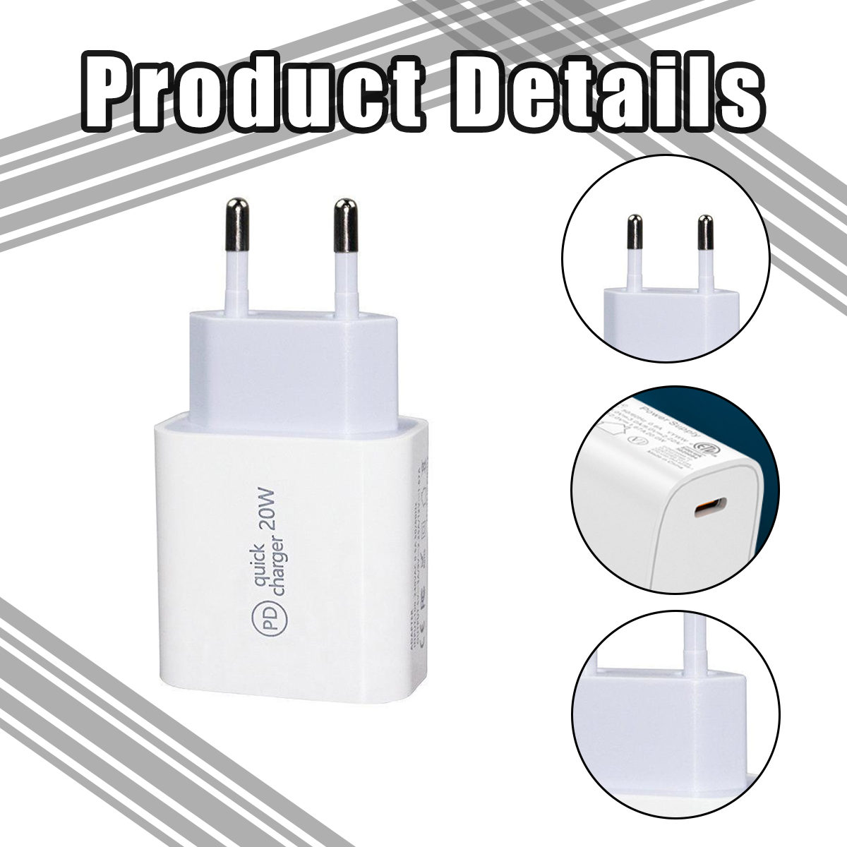 Weißes PD 20W Schnellladegerät mit zwei runden Steckerkontakten und USB-C-Anschluss.