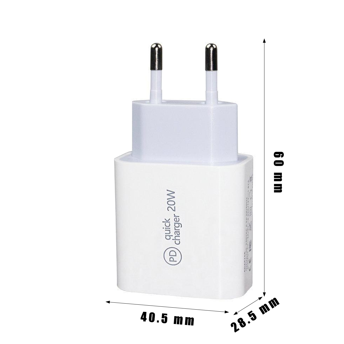 Weißes PD 20W USB-Ladegerät mit EU-Stecker, 60x40.5x28.5 mm groß.