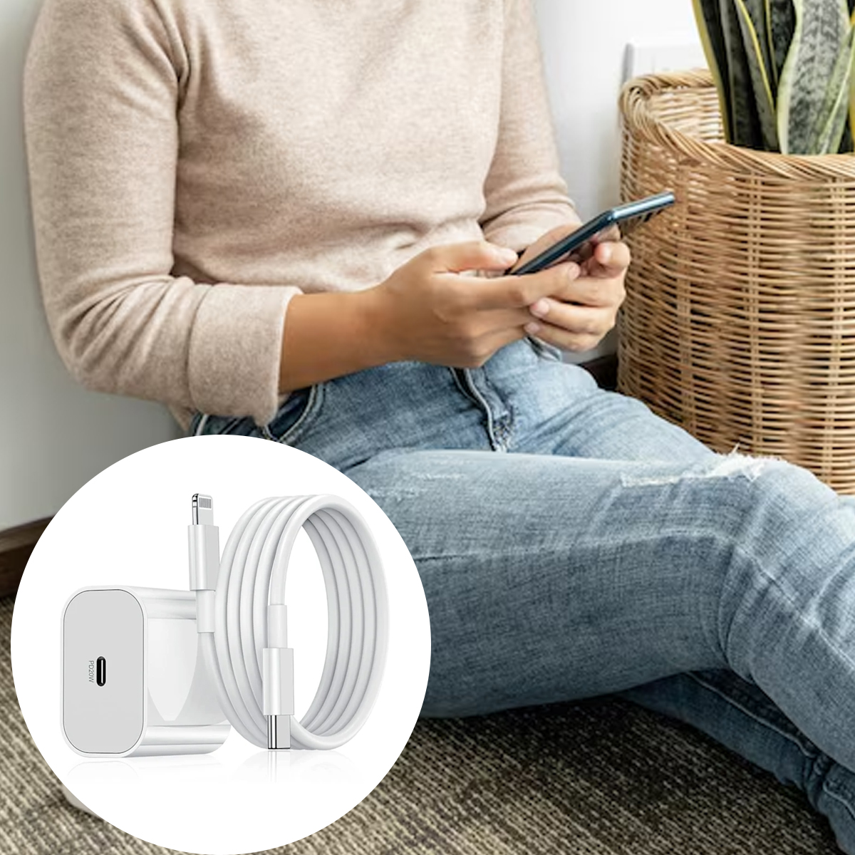 Eine Person sitzt auf dem Boden und hält ein Handy, mit einem Inlay, das ein weißes USB-C-Ladegerät und Kabel zeigt.