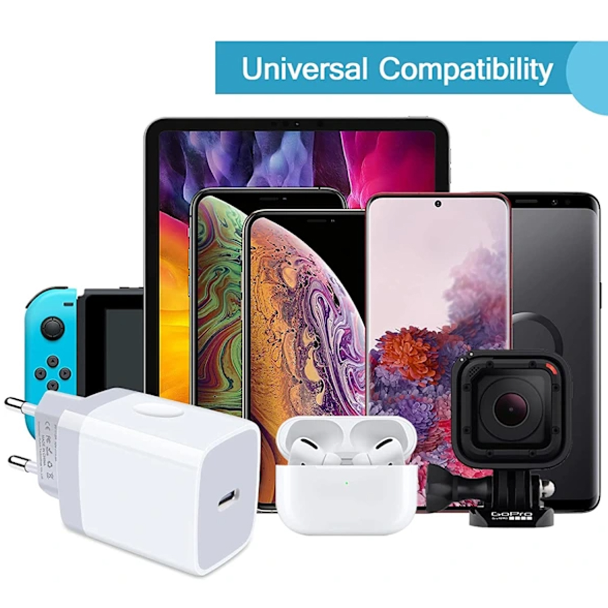 Ein weißes USB-Ladegerät im Vordergrund mit verschiedenen Elektronikgeräten wie Smartphones, Tablets und Kopfhörern.