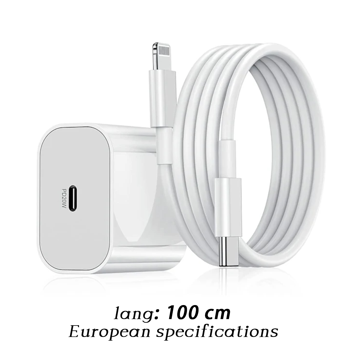 Weißes PD20W USB-C-Ladegerät mit einem 100 cm langen Lightning-Kabel auf weißem Hintergrund.