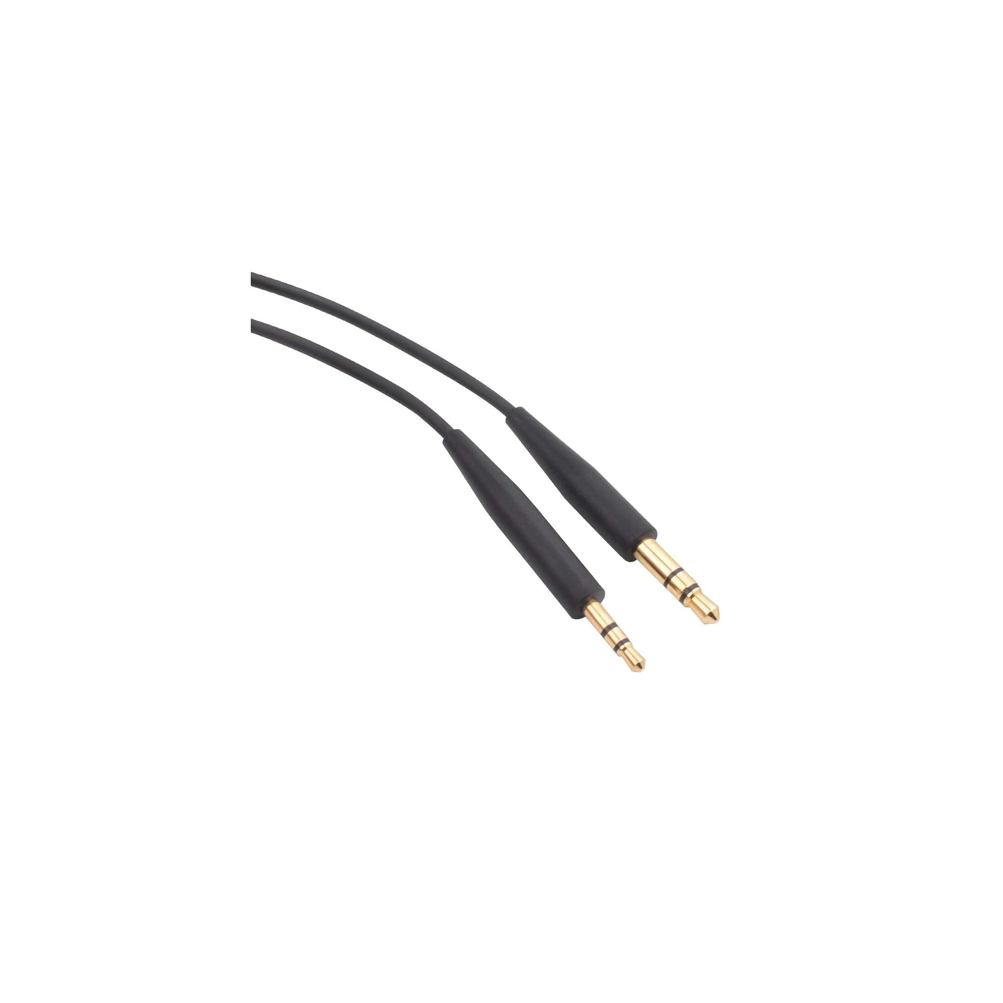 Zwei schwarze Audiokabel mit vergoldeten 3,5-mm-Klinkensteckern vor weißem Hintergrund.