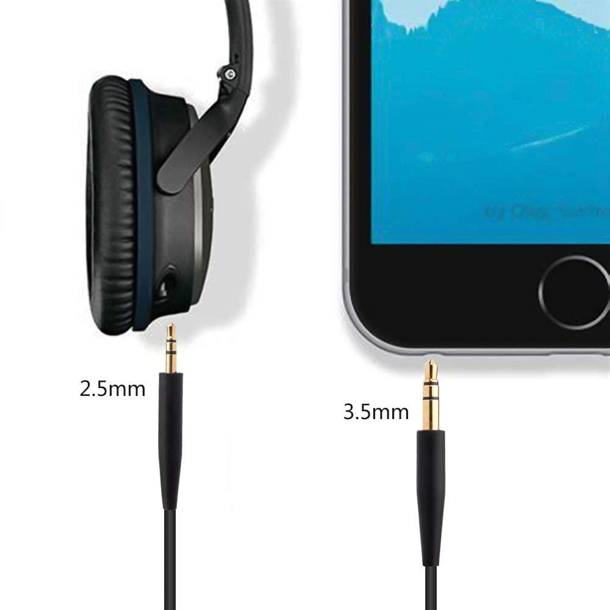 Vergleich von 2,5-mm-Kopfhöreranschluss und 3,5-mm-Smartphone-Audioanschluss mit Kabeln.