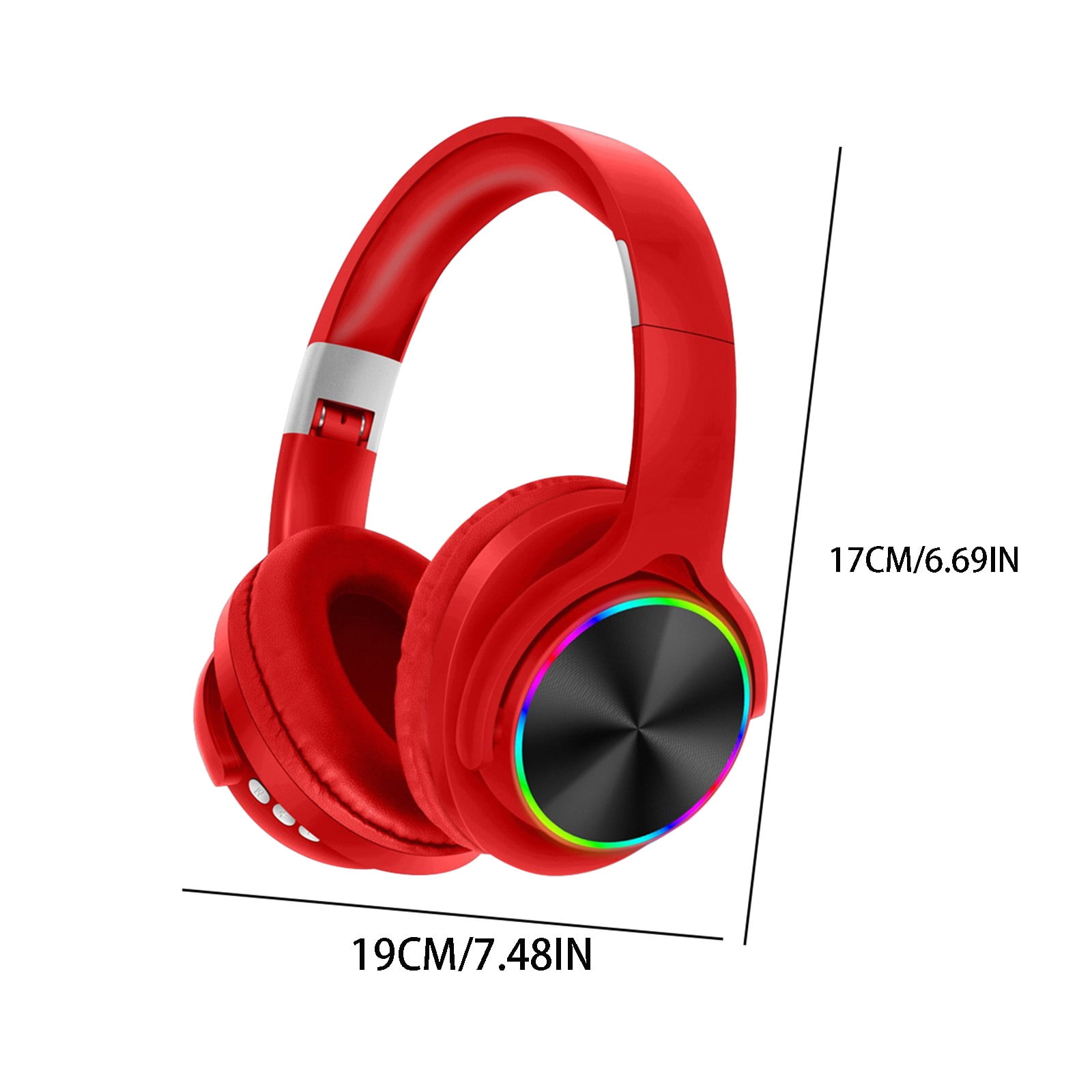 Rote Over-Ear-Kopfhörer mit RGB-Beleuchtung und Maßangaben in cm und Zoll.