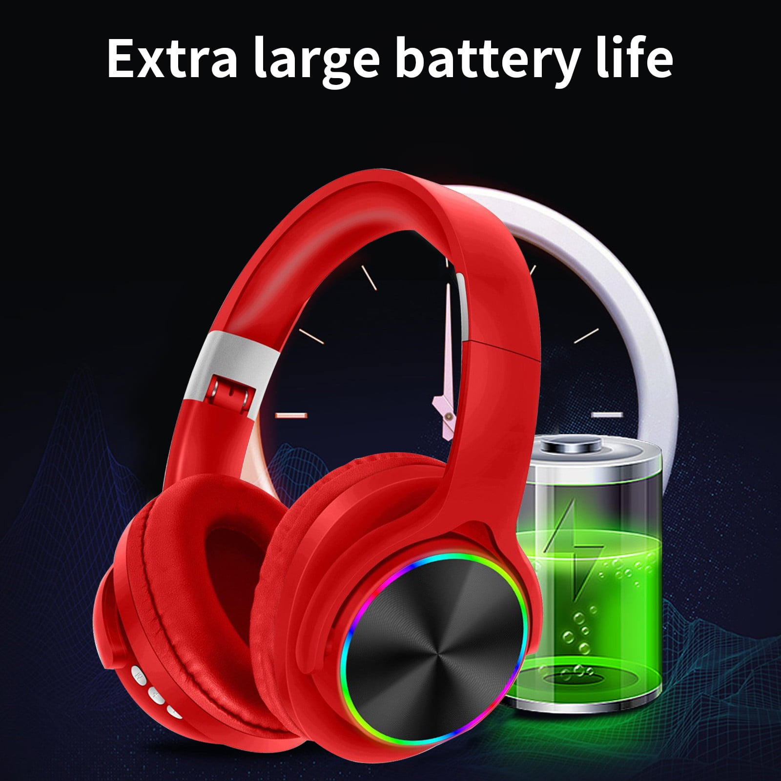 Rote Kopfhörer vor einer Uhr und einer grünen Batterie, mit dem Text Extra large battery life.