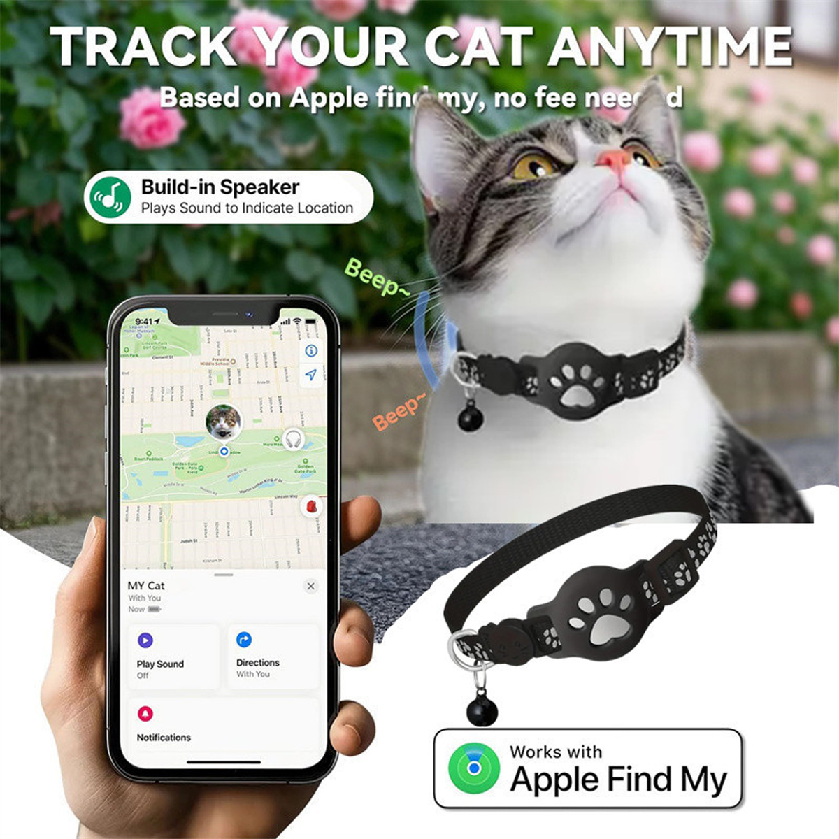 Katze trägt ein schwarzes Halsband mit Pfotenmotiv, passend zu einer Smartphone-App für die Ortung.