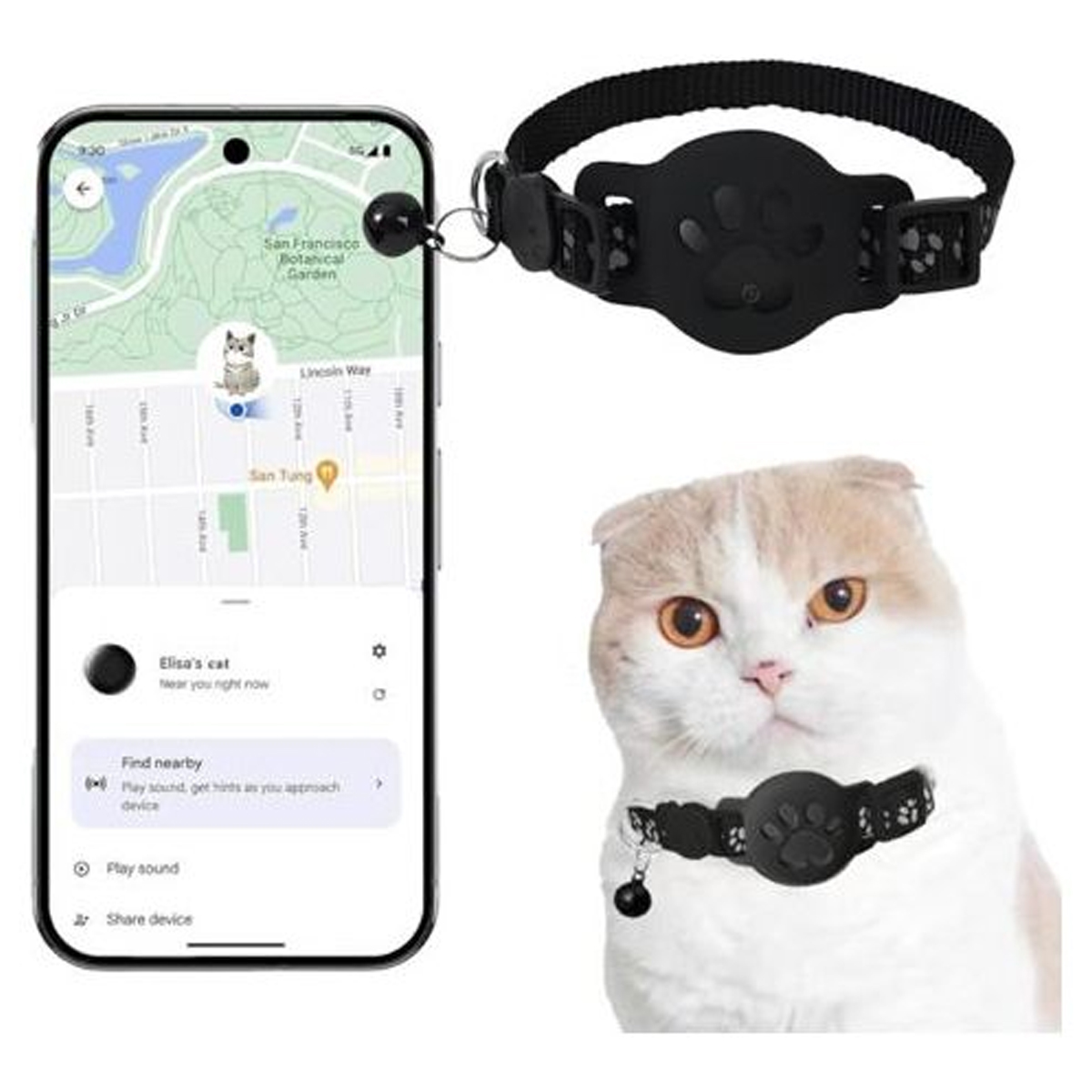 Ein Smartphone zeigt eine Karten-App, die eine Katze mit einem schwarzen Tracker-Halsband ortet.