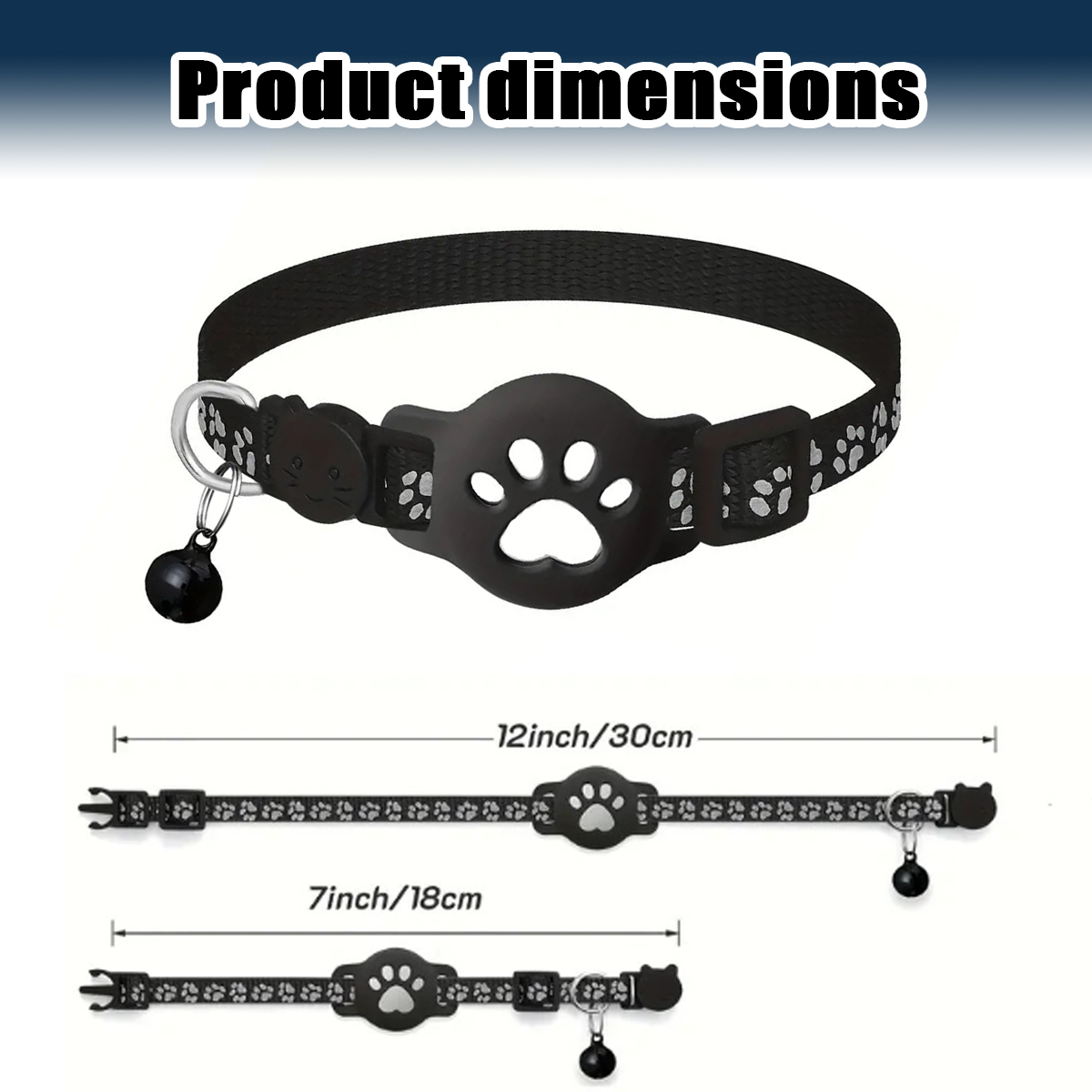 Schwarzes Katzenhalsband mit Pfotenabdruckhalter, Glocke und Längen von 7 bis 12 Zoll.