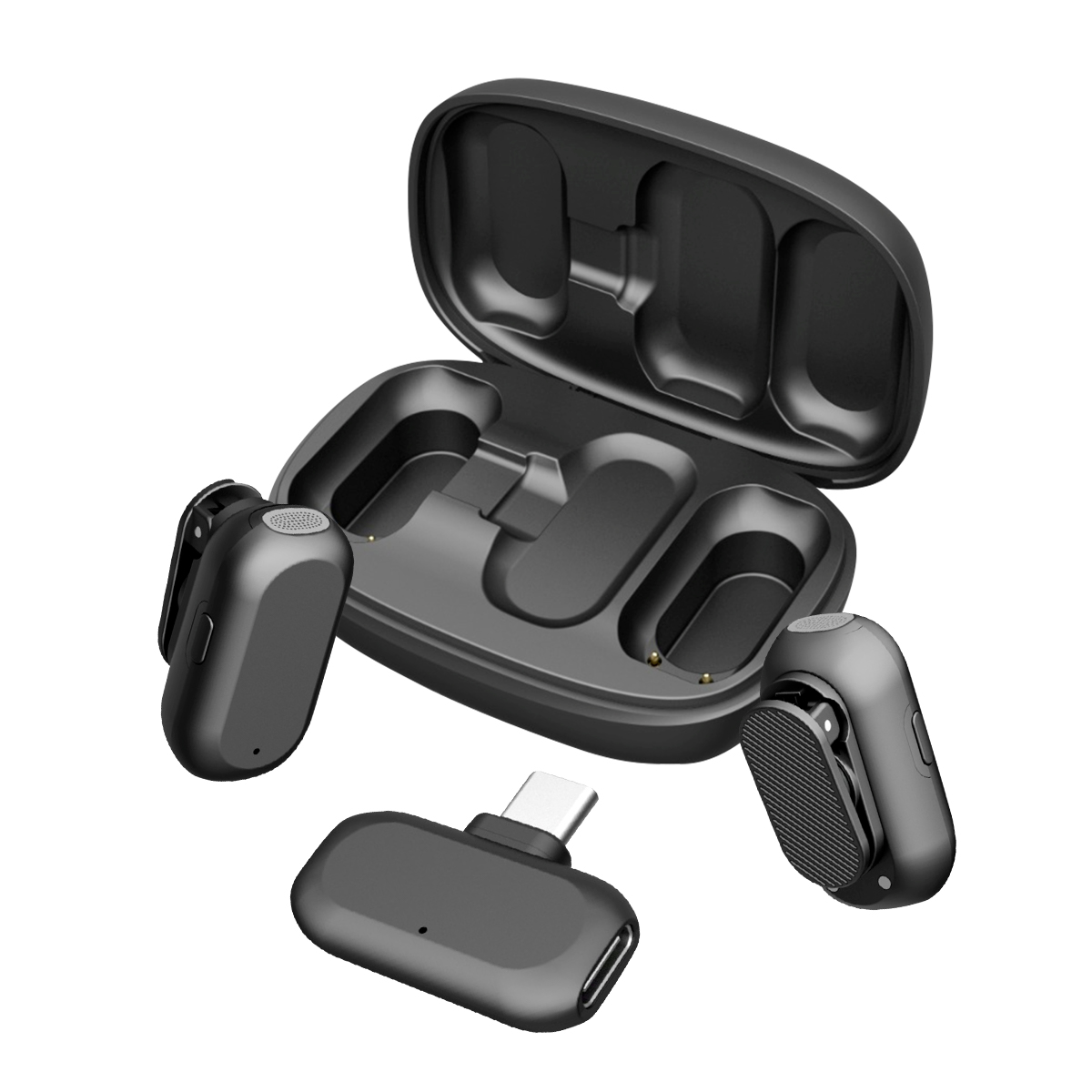 Ein schwarzes drahtloses Mikrofon-Set mit Ladecase, zwei Sendern und einem USB-C-Empfänger.