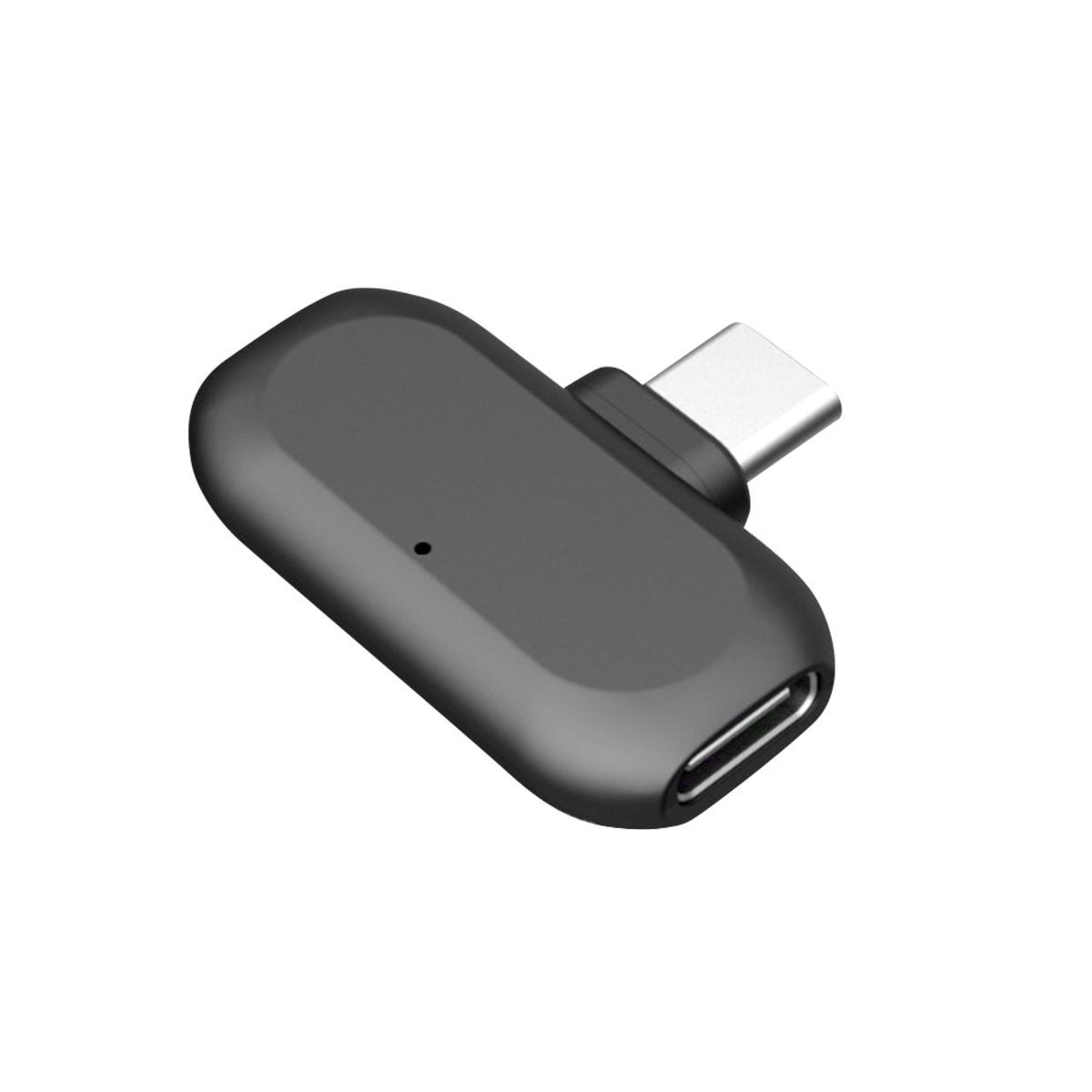 Ein schwarzer USB-C-Adapter mit silbernem Stecker und Anschluss auf weißem Hintergrund, von oben betrachtet.