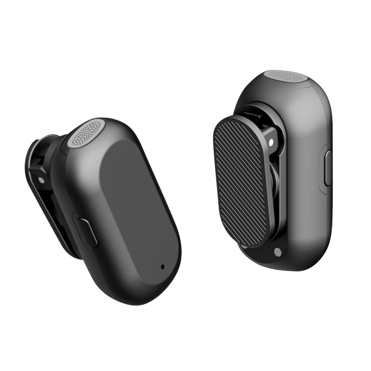 Zwei schwarze, ovale drahtlose Audio-Empfänger mit integrierten Clips auf einer weißen Hintergrund.