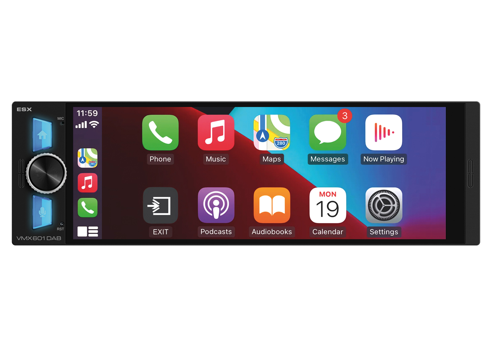 Ein Carplay-Autoradio mit Touchscreen und Apps wie Telefon, Musik und Karten.
