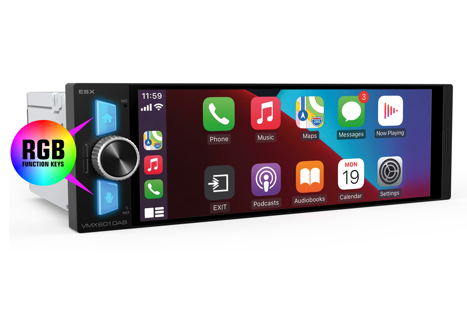 Autoradio mit großem Touchscreen, Apple CarPlay Oberfläche, Lautstärkeregler und beleuchteten RGB-Tasten links.