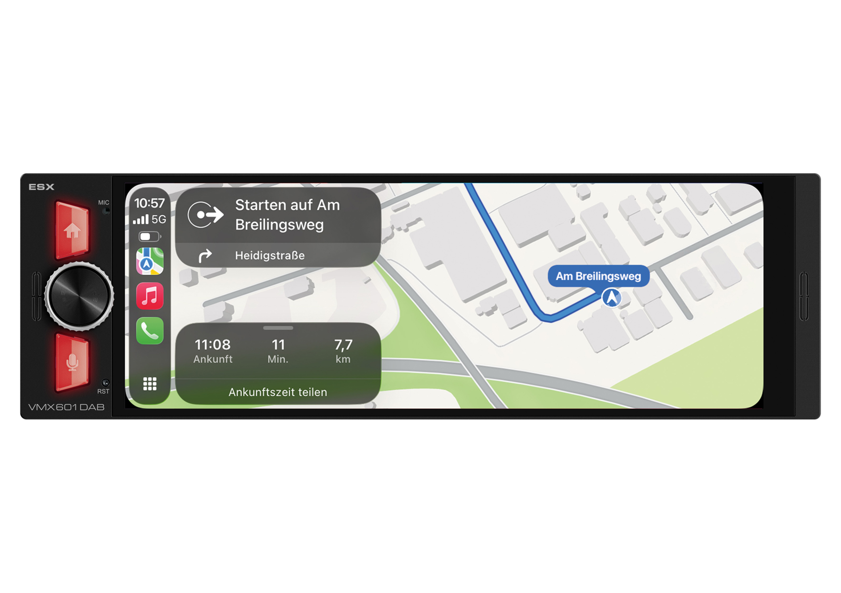 Ein Car-Audio-Bildschirm mit Navigation und Kartenansicht.