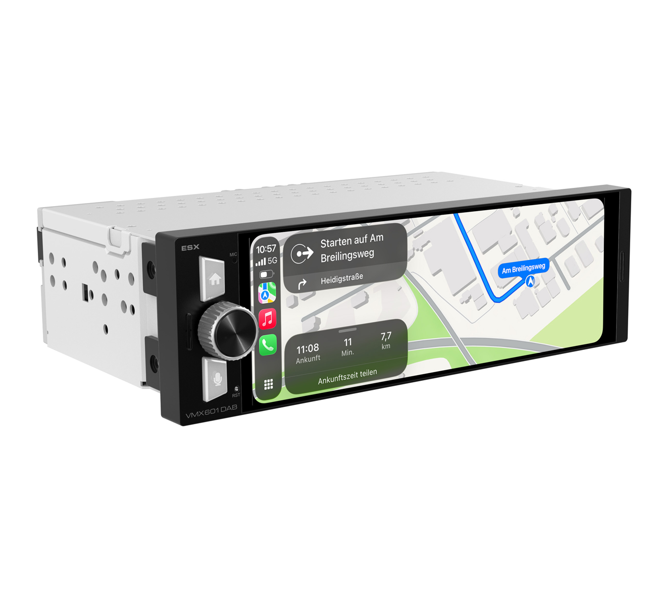 Ein Autoradio mit breitem Touchscreen, Navigationskarte, Lautstärkeregler und Bedientasten.