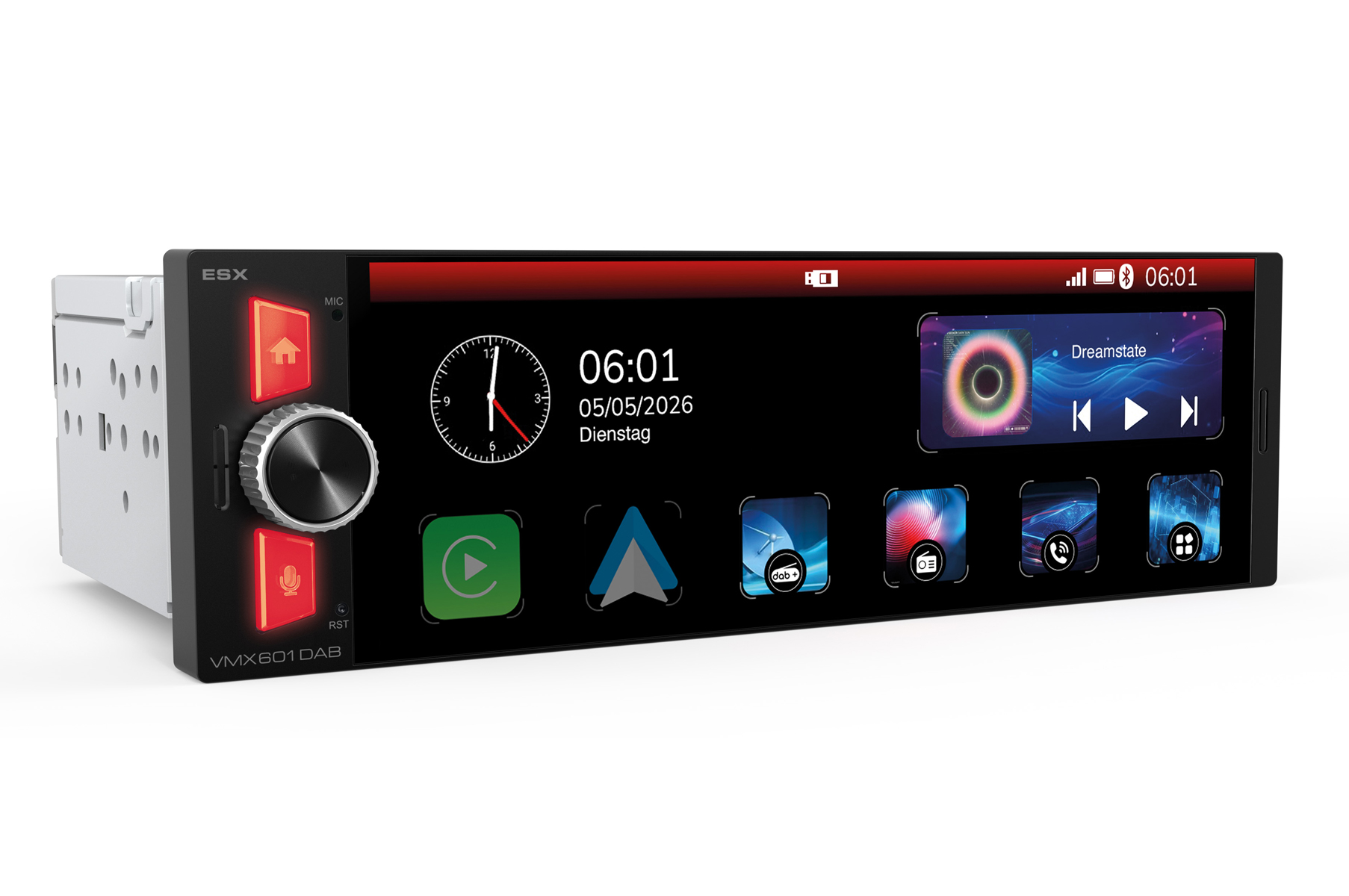 Ein ESX Autoradio mit einem Touchscreen, das Uhrzeit, Datum und App-Symbole anzeigt.